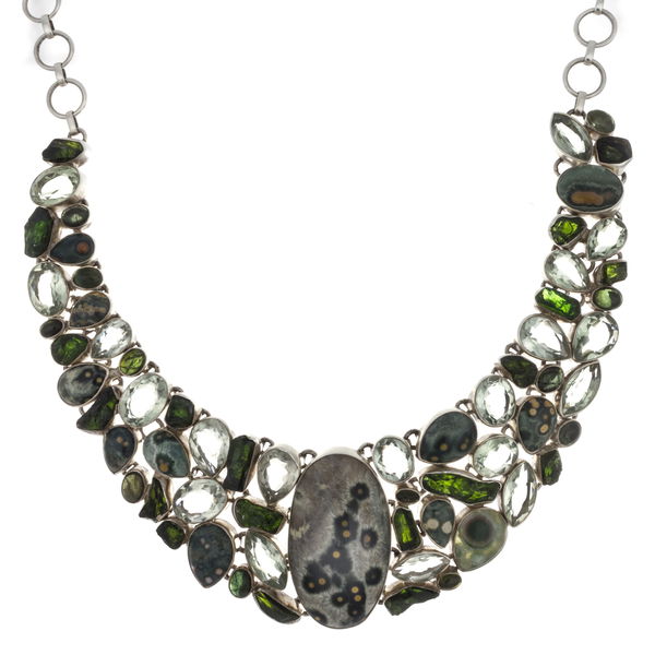 Closeup photo of Ocean Jasper Necklace -Oval Center With Chrome Diopside & Green Tourmaline & Prasiolite