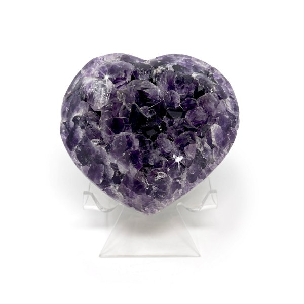 Closeup photo of Amethyst Crystal Heart on Lucite Cradle Stand