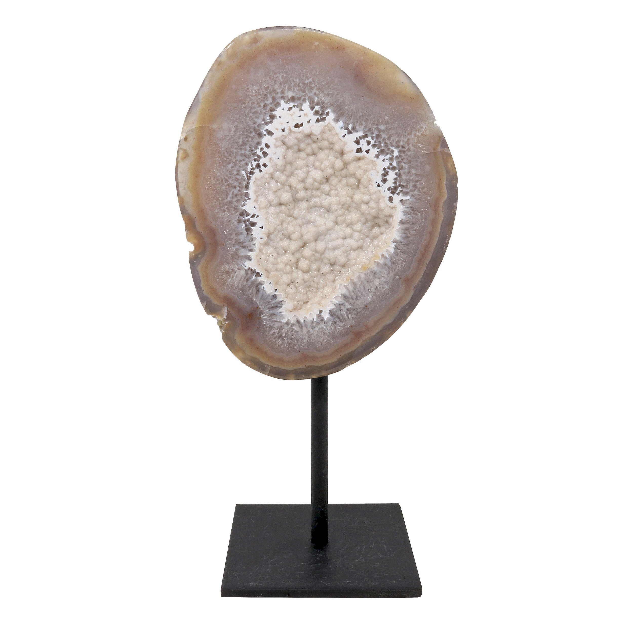 Shallow Milky Druze Geode with Polished Back On Post Stand