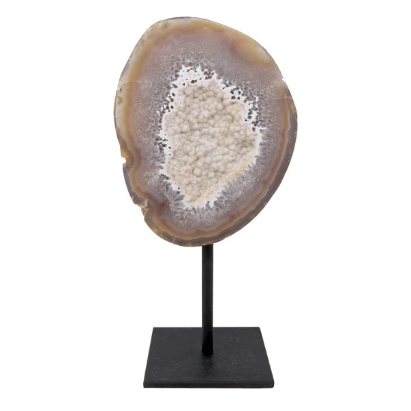 Closeup photo of Shallow Milky Druze Geode with Polished Back On Post Stand