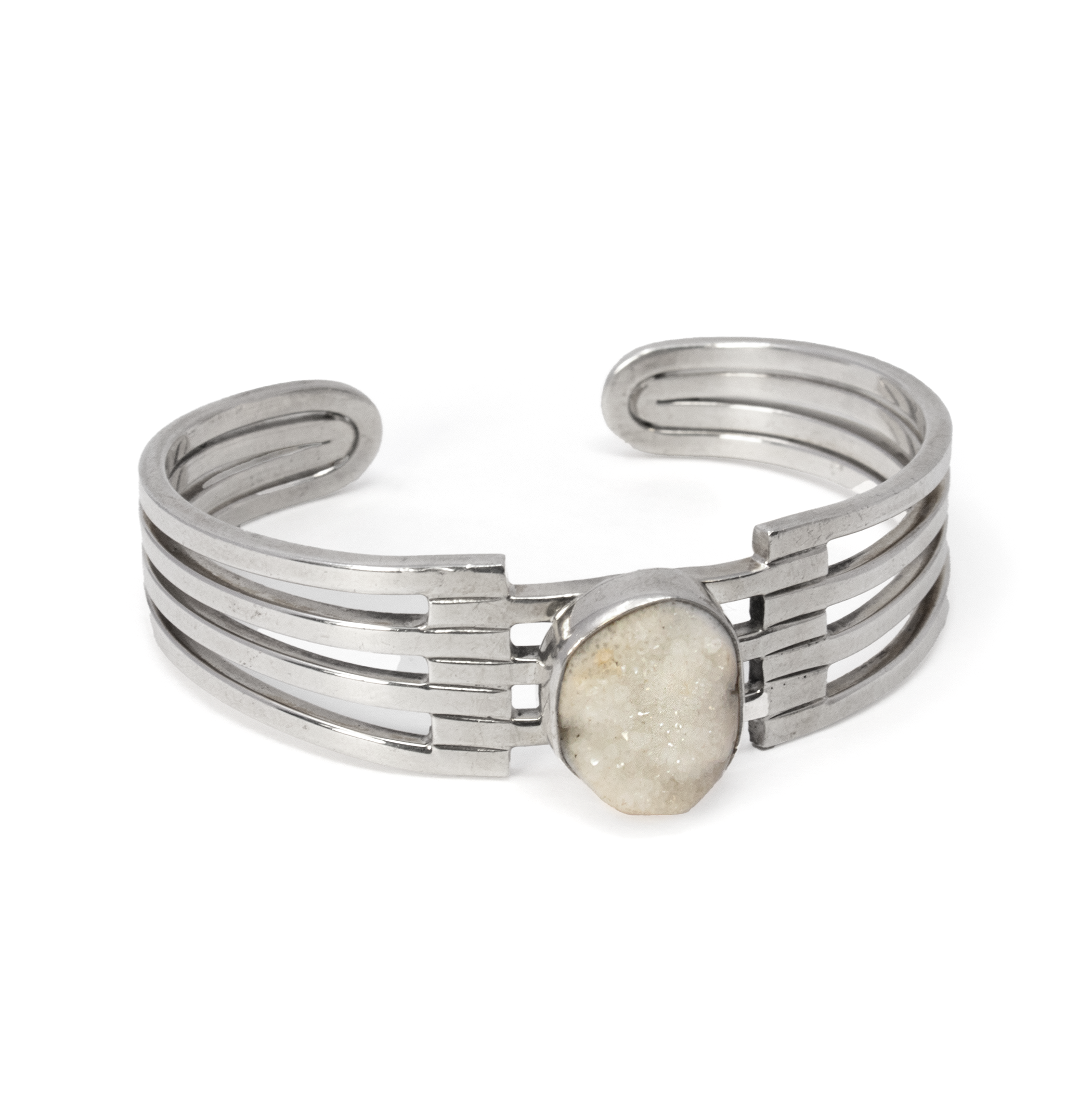 White Quartz Druze Cuff -Simple Bezel On Quad Spaced Bands