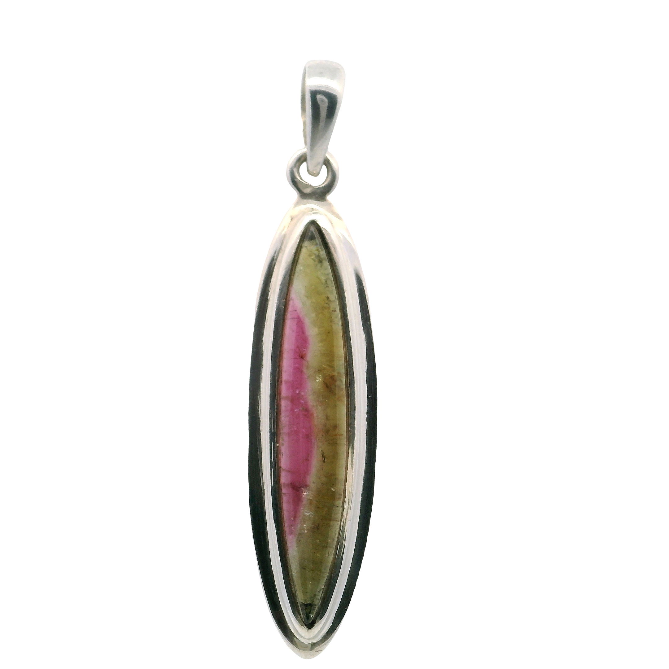 Watermelon Tourmaline Pendant -Elongated Cab With Silver Edge