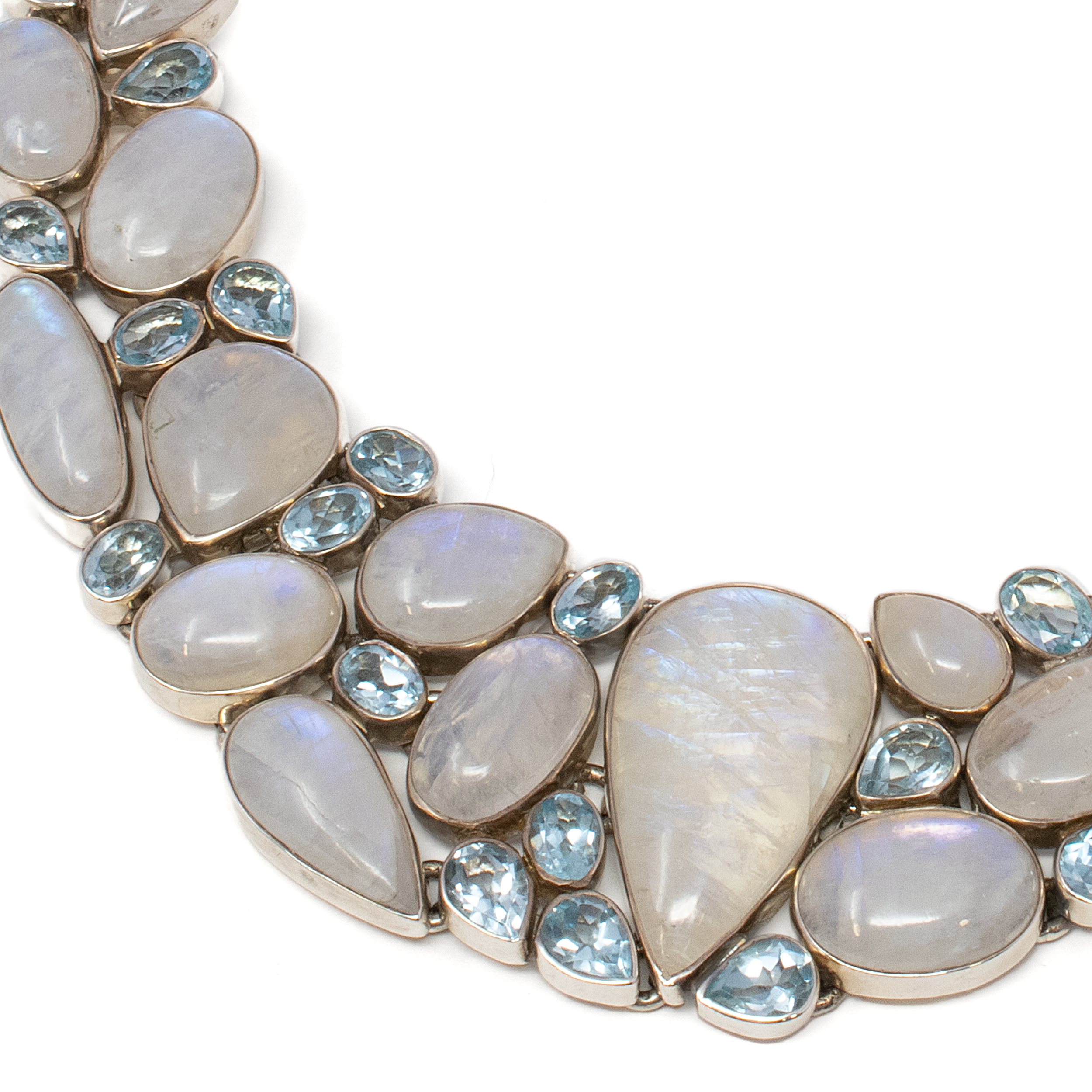 Rainbow Moonstone Necklace Collar -Reverse Pear With Faceted Blue Topaz