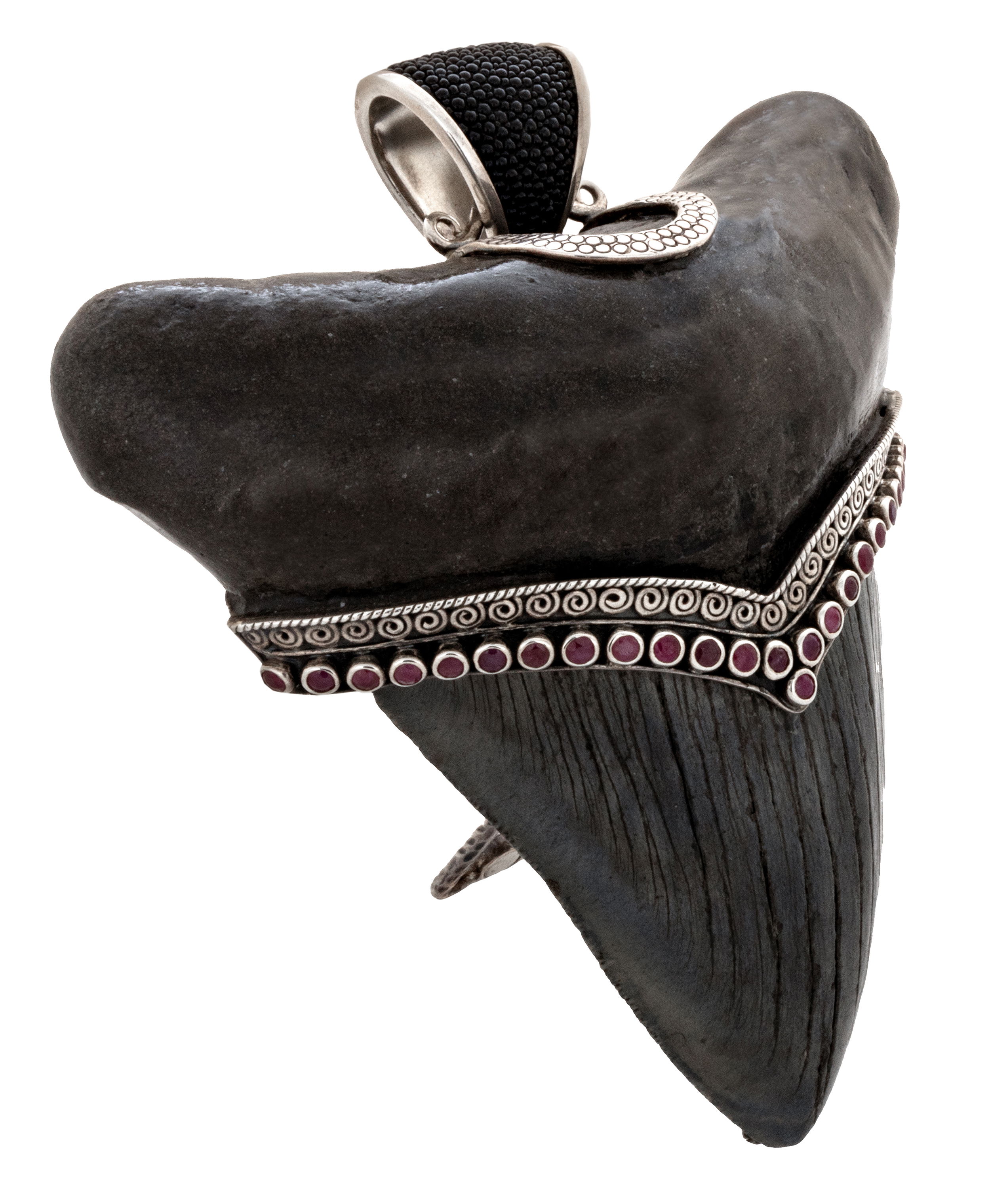 Megalodon Shark Tooth Pendant With Rubies & Stingray Leather Bail & Kick Stand