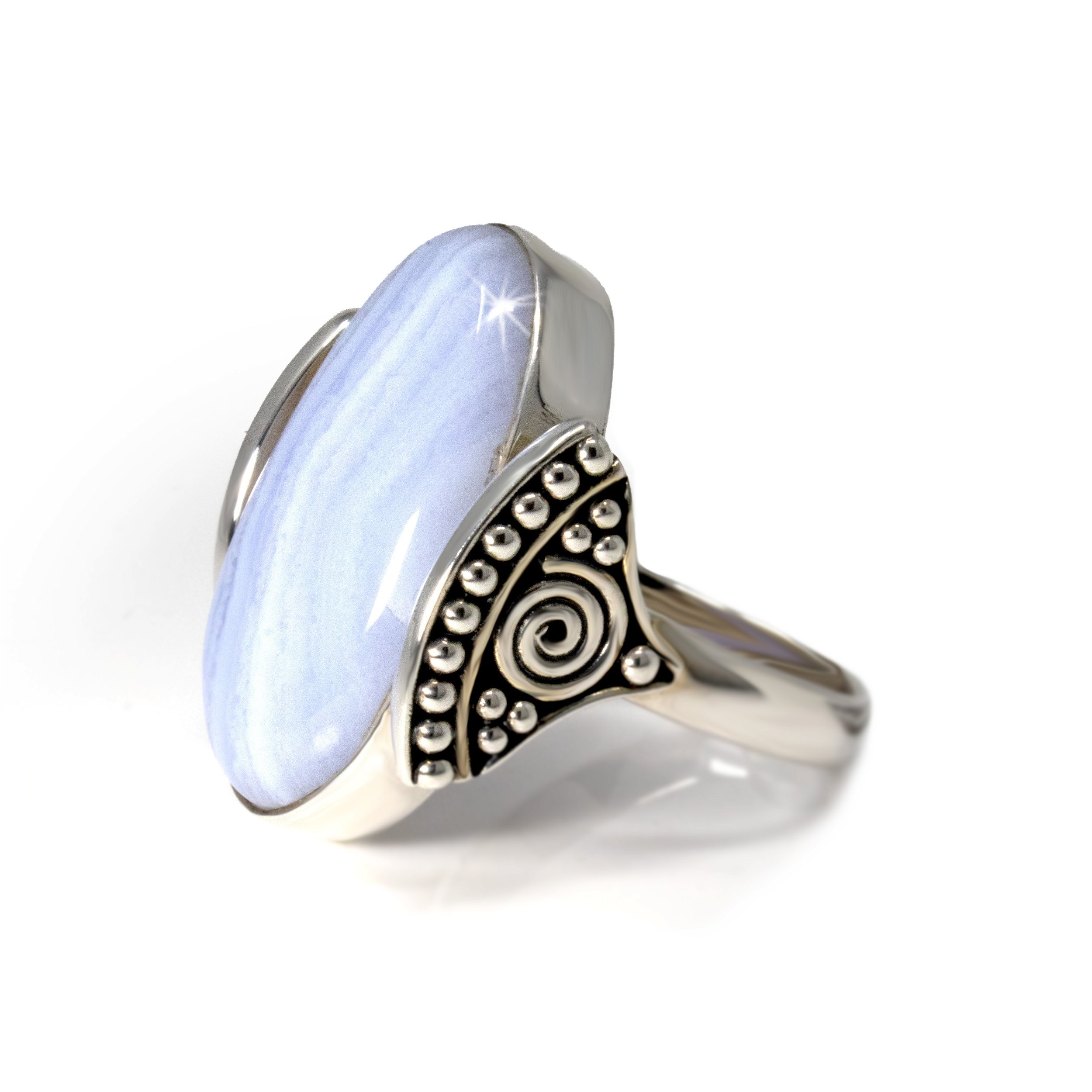 Blue Lace Agate Ring -Oval With Fan Design Sides Size 10