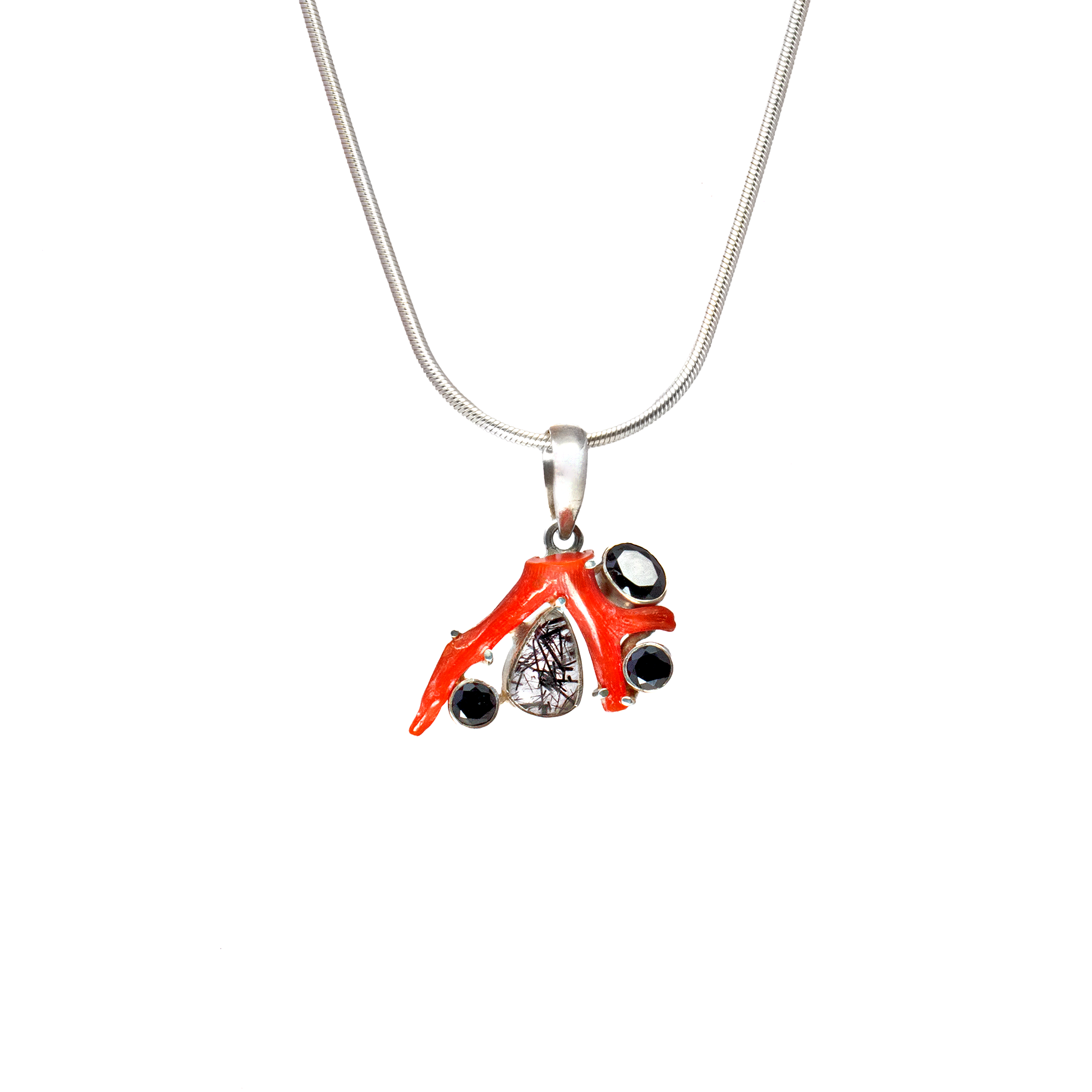 Mediterranean Coral Branch Pendant With Tourmalted Quartz & Spinels