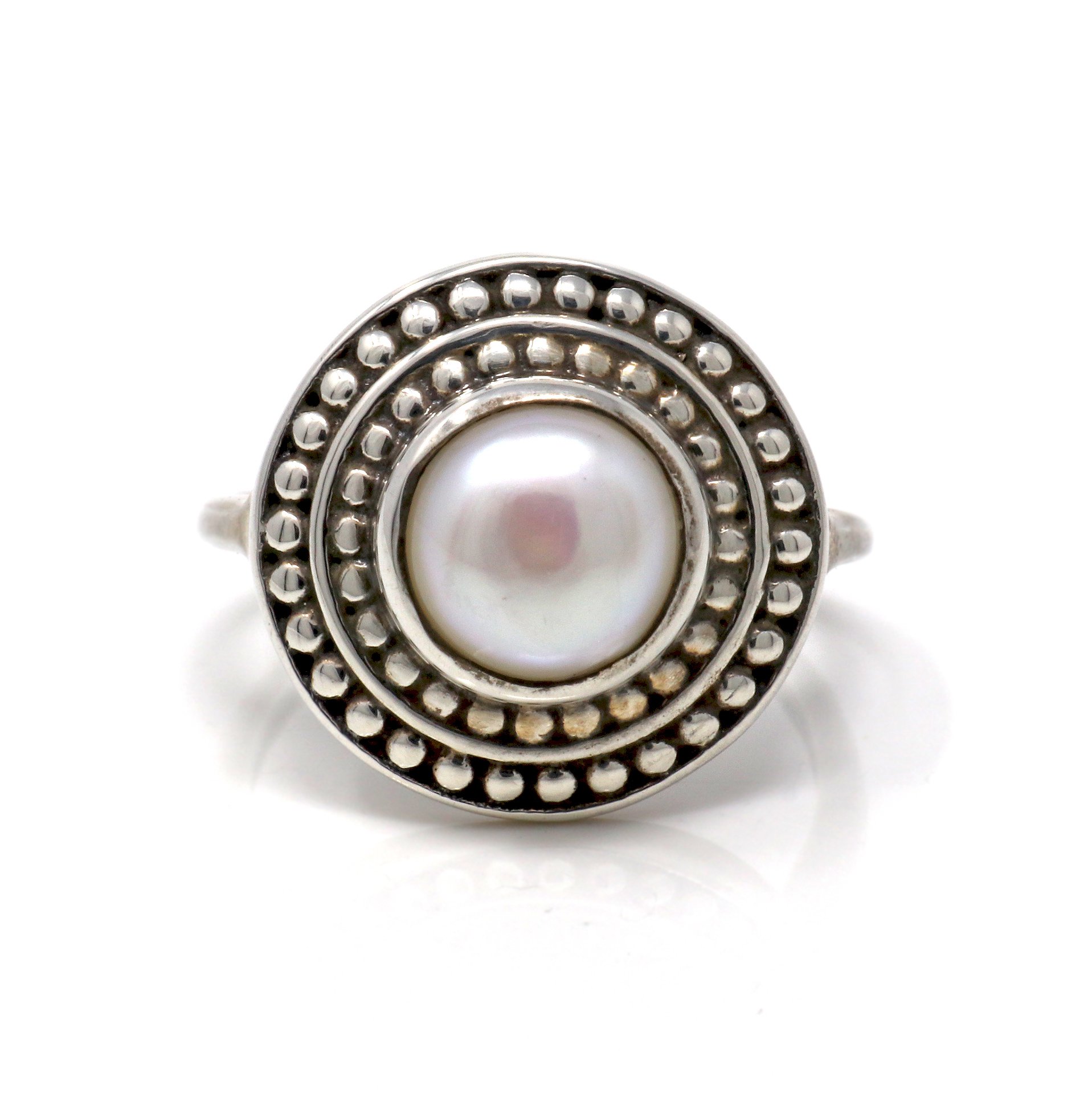 Pearl Ring Size 8 With Mini Silver Mandala Bezel- Freshwater Pearl