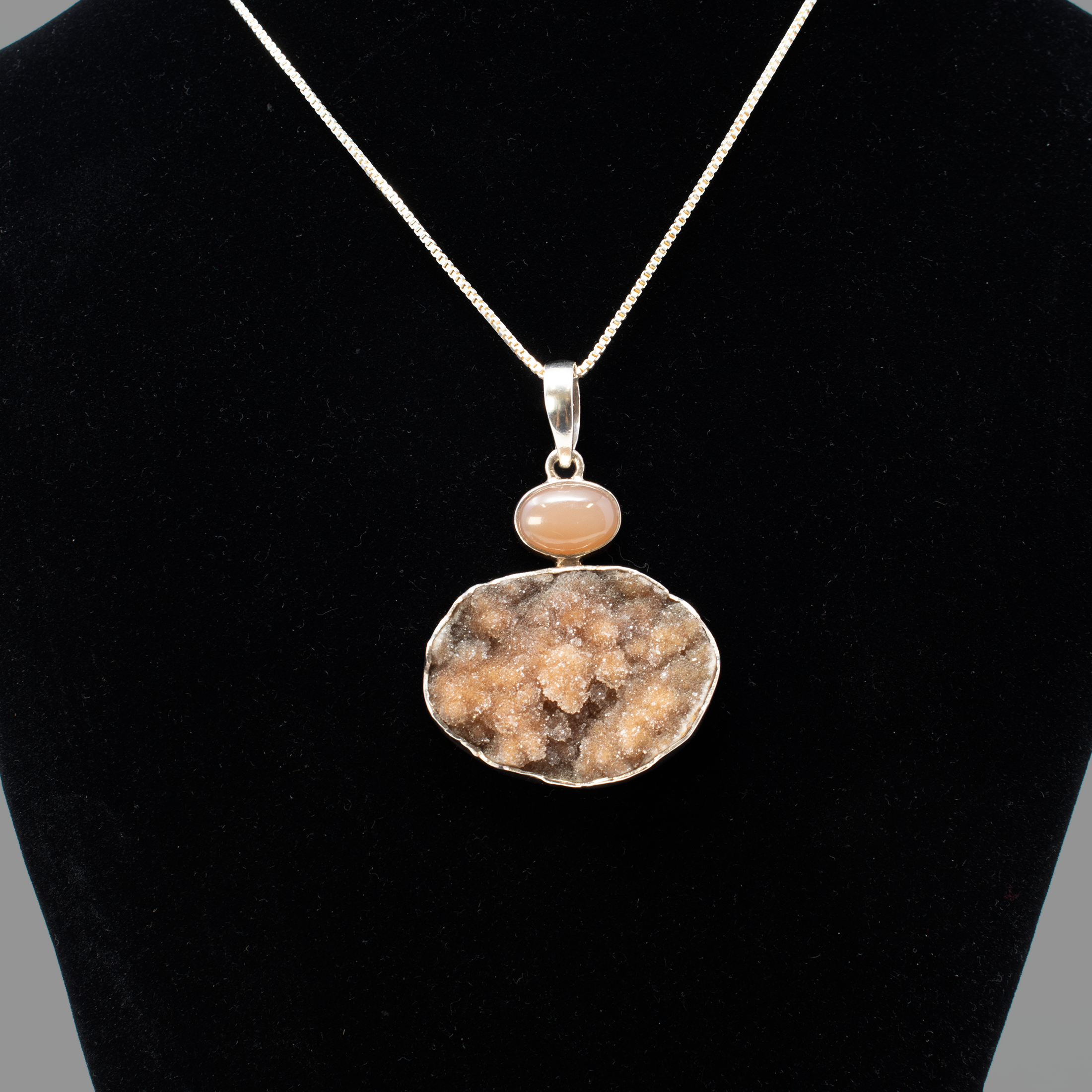 Natural Chocolate Druze Pendant With Peach Moonstone Oval