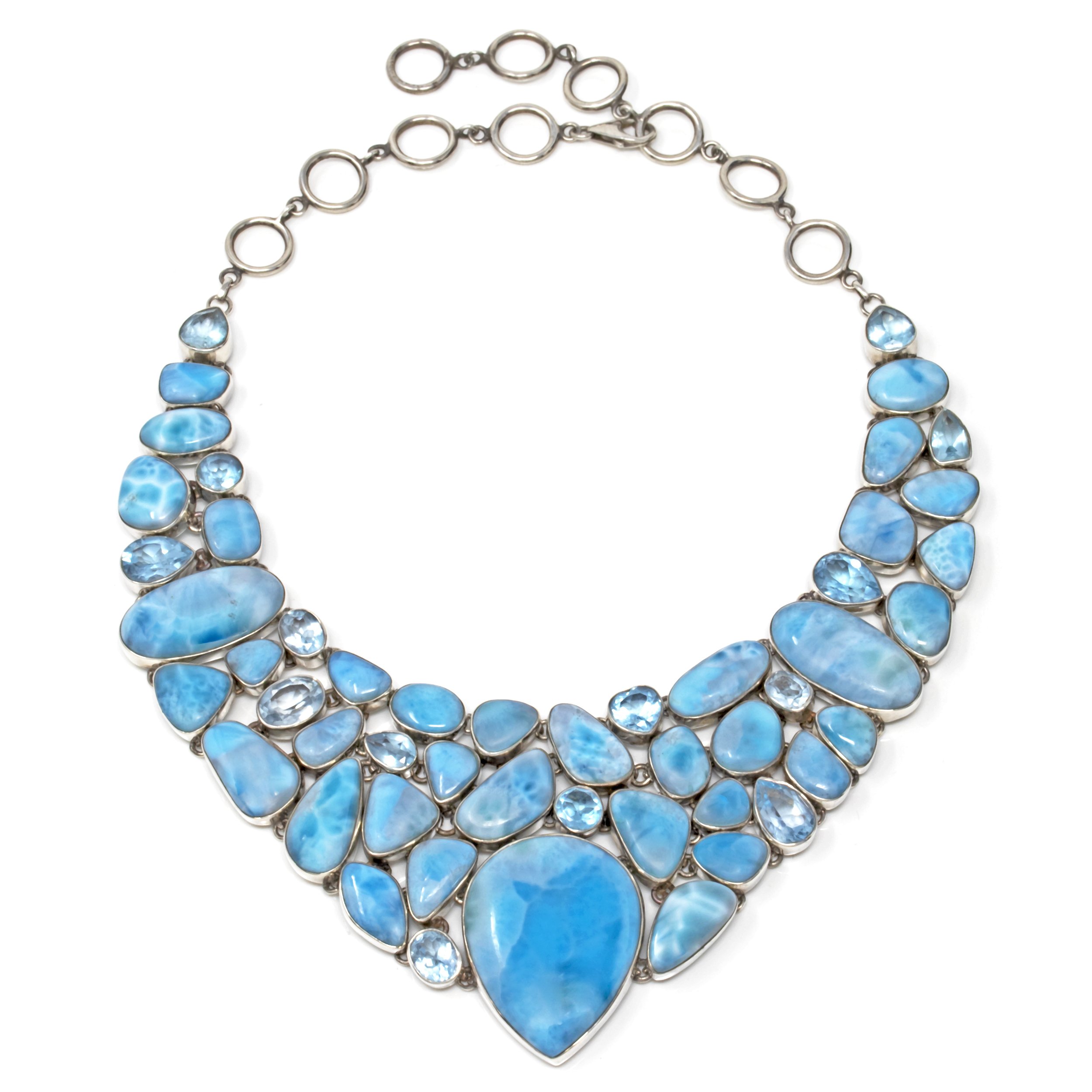 Larimar Necklace -Pear Center Stone With Blue Topaz Accents On Fluid Cagework Collar