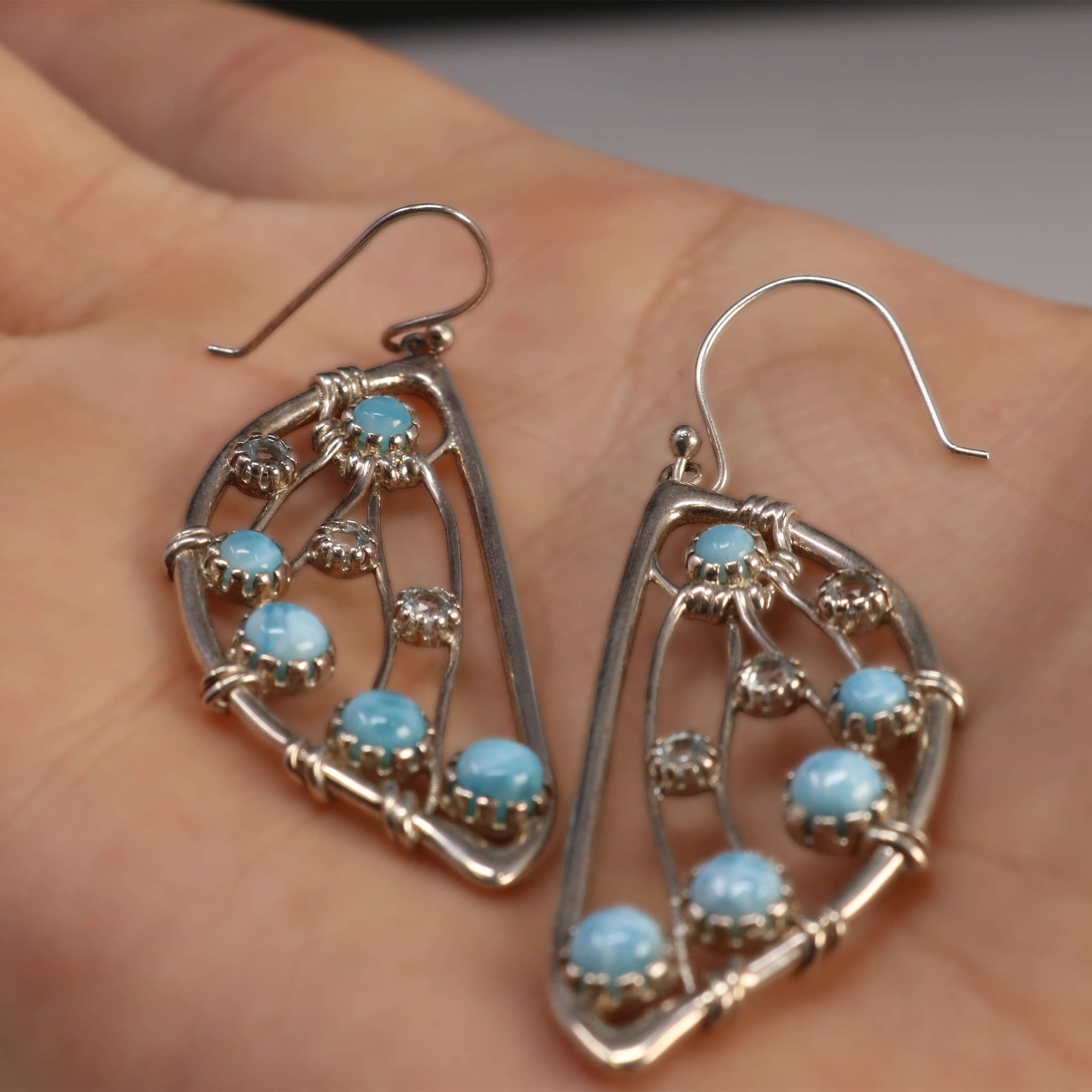 Larimar Dangle Earrings -Rounds With Blue Topaz On Butterfly Wing Halves