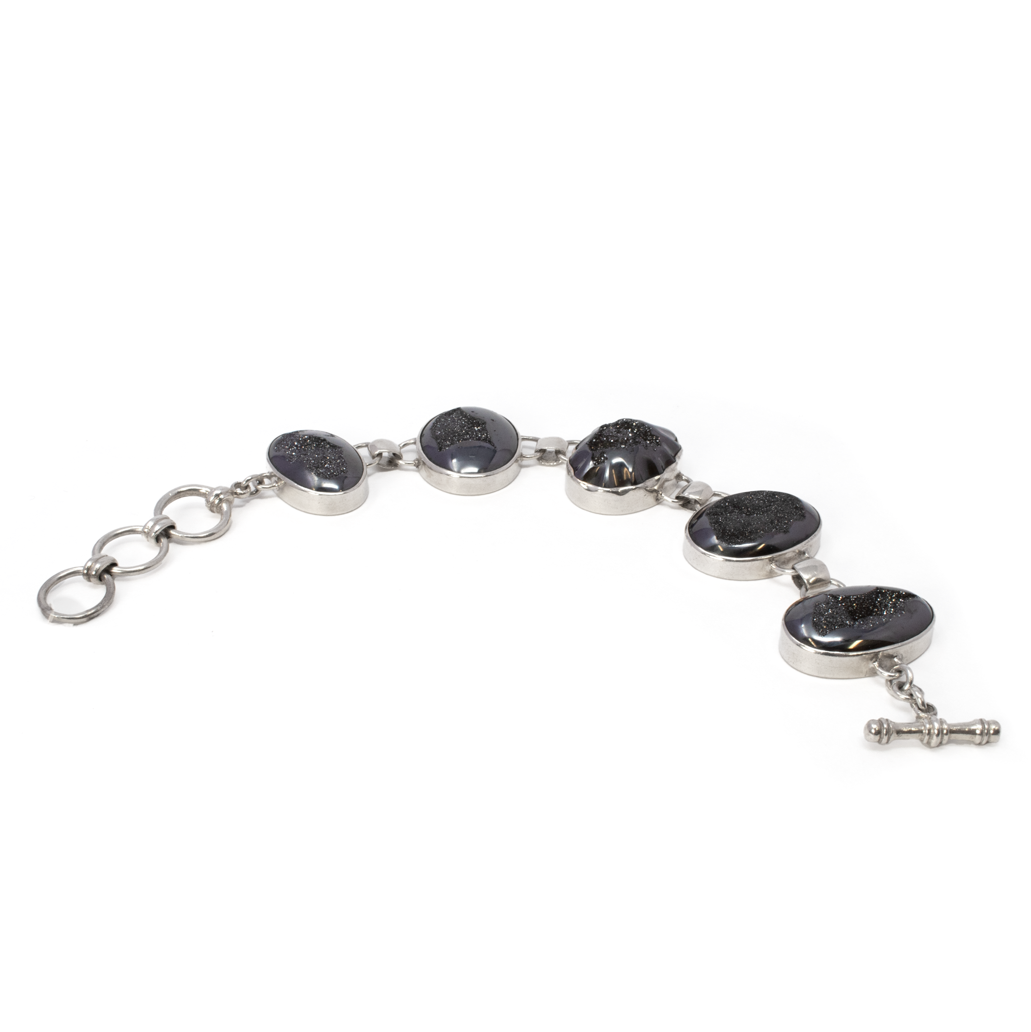 Black Titanium Druze Link Bracelet With Five Ovals In Sterling Silver