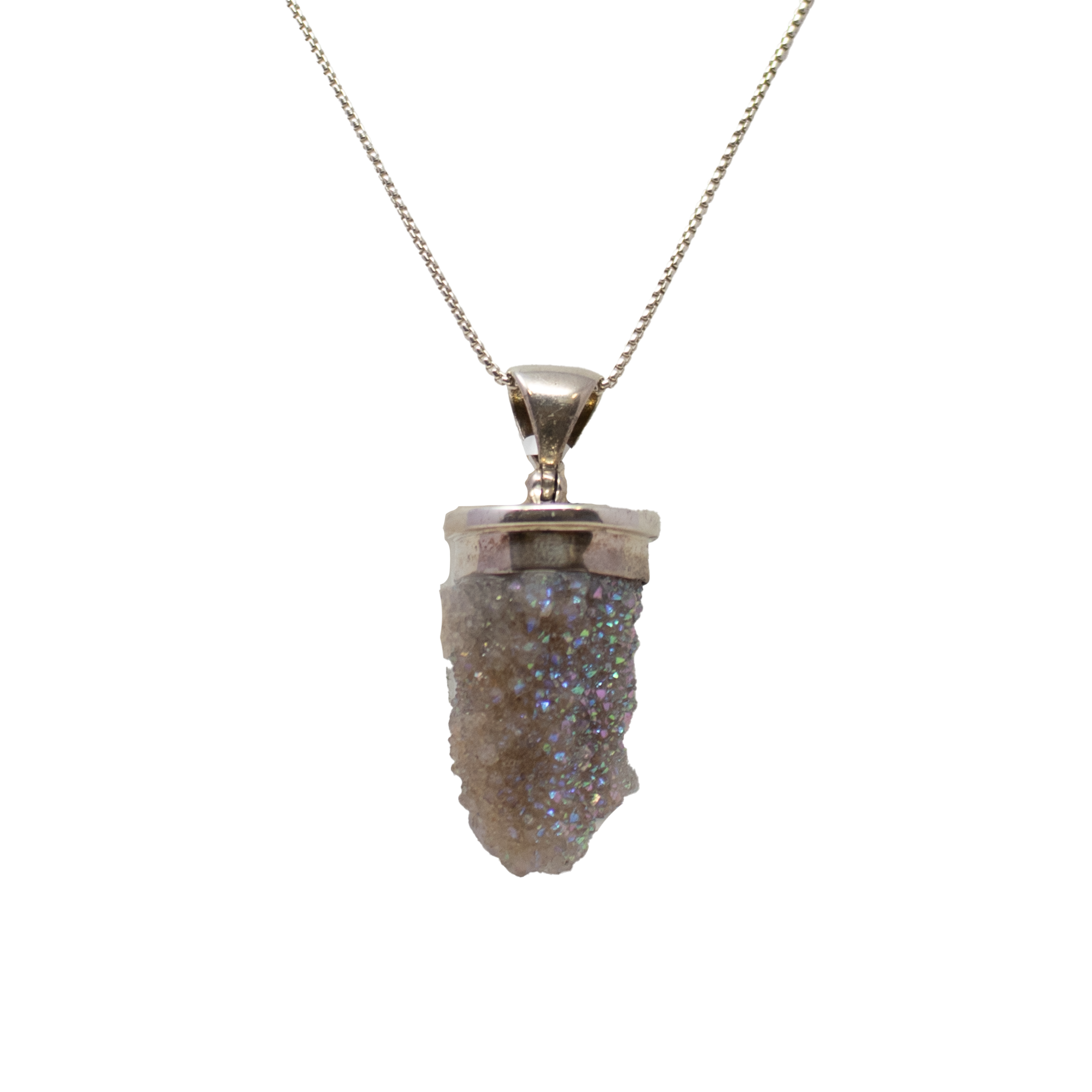 Elevate your energy and style with this exquisite Spirit Quartz Pendant, beautifully accented with a shimmering Angel Aura druze finish. Handcrafted in genuine 925 sterling silver, this unique gemstone pendant dazzles with iridescent hues that capture light and spirit alike. Known for its harmonizing and uplifting properties, Spirit Quartz is a powerful stone for meditation, positivity, and spiritual connection. The delicate detailing around the natural crystal makes this piece both a statement of beauty and a meaningful talisman. Spirit Quartz Pendant - Angel Aura Druze