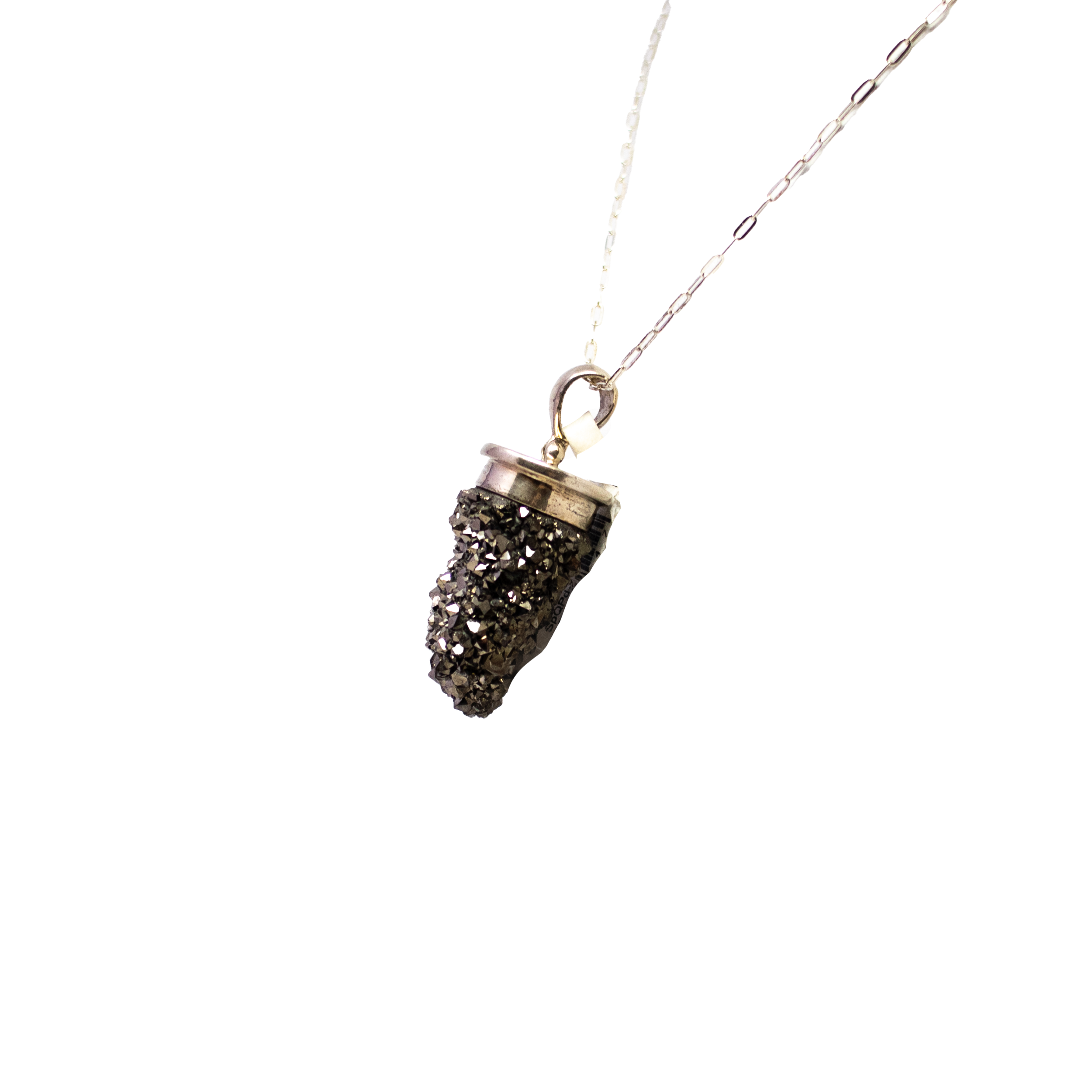 Elevate your style with this mesmerizing Black Titanium Druze Spirit Quartz Pendant, set in genuine 925 Sterling Silver. Each pendant features a naturally clustered Spirit Quartz, beautifully coated in shimmering black titanium for an enchanting, iridescent effect. The intricate cap bail ensures secure wear while offering a touch of elegance, making it perfect for both everyday and special occasions. Black Titanium Druze Spirit Quartz Pendant With Cap Bail