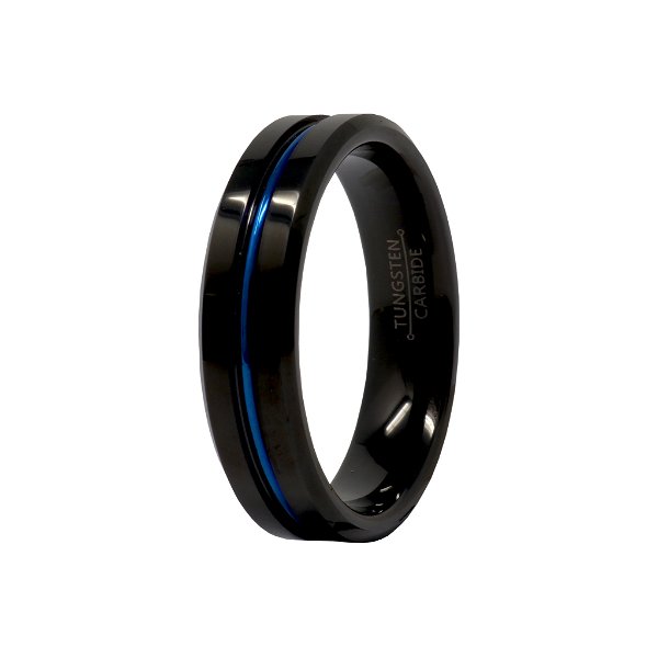 Closeup photo of Tungsten Ring Size 13 with Blue Groove 6mm