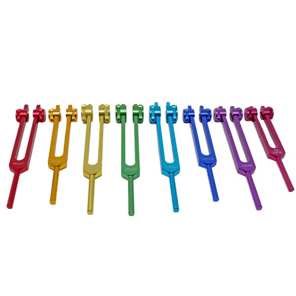 Closeup photo of Colored Metal Tuning Forks - Set of 8
