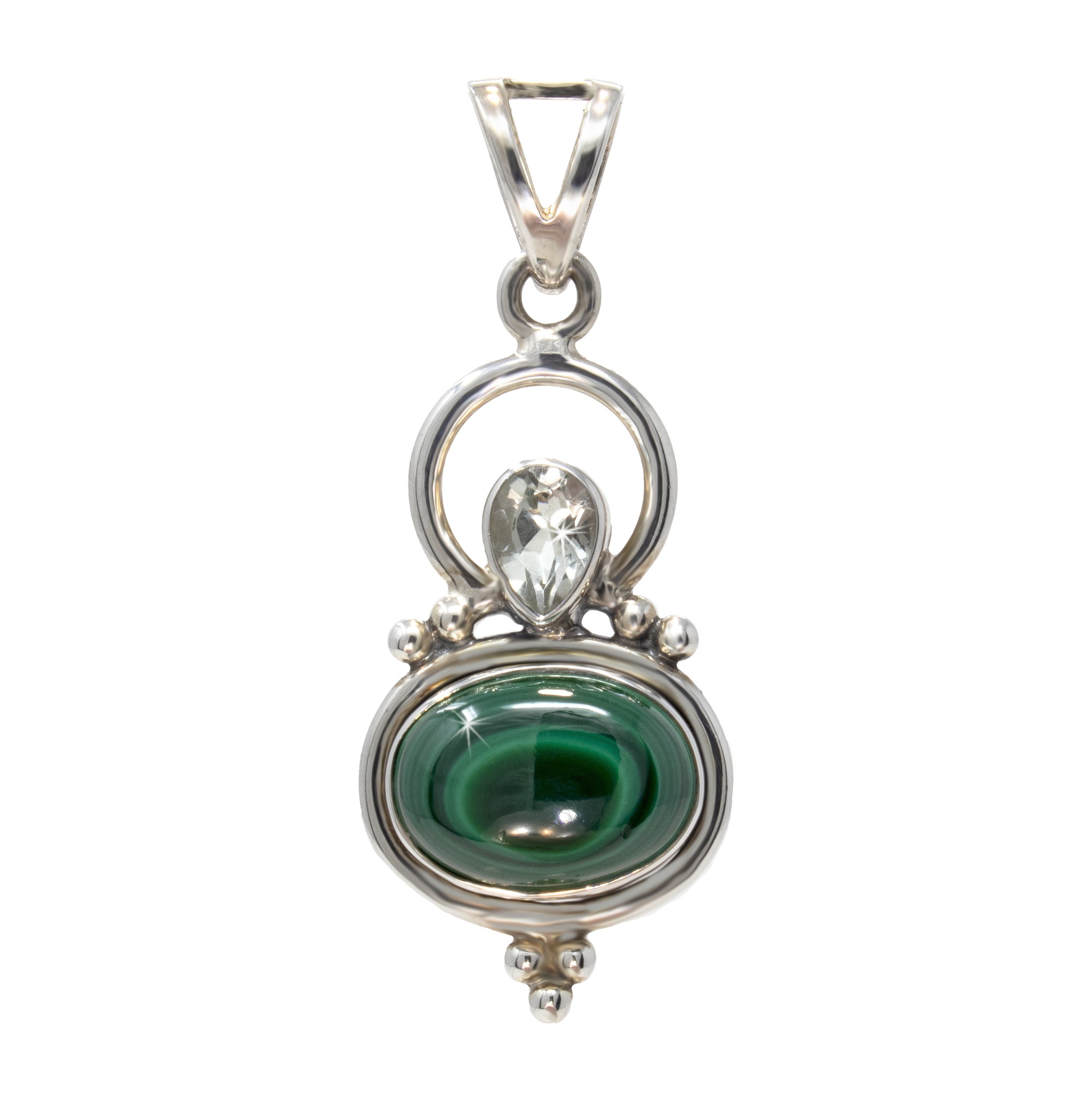 Malachite Oval With Prasiolite On Top Pendant With Cutout Bail Silver Wire Circle & Beading