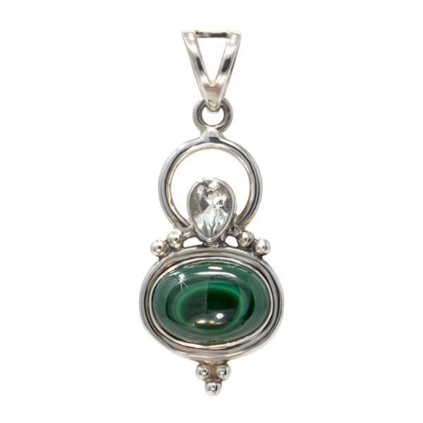 Closeup photo of Malachite Oval With Prasiolite On Top Pendant With Cutout Bail Silver Wire Circle & Beading