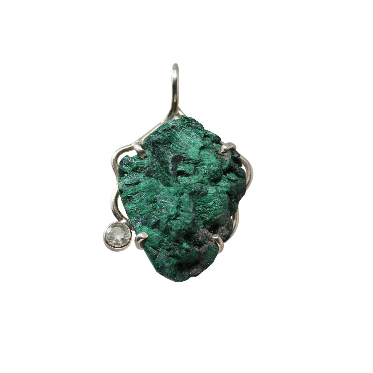 Chatoyant Malachite Prong Set Pendant With Faceted Praisolite & Silver Wiring