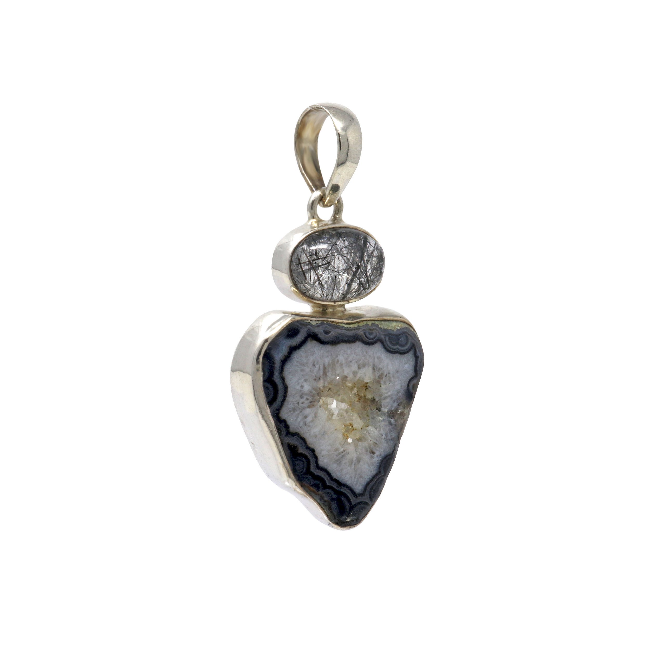 Black With White & Gray Agate Geode Pendant With Black Tourmalated Quartz Oval On Top