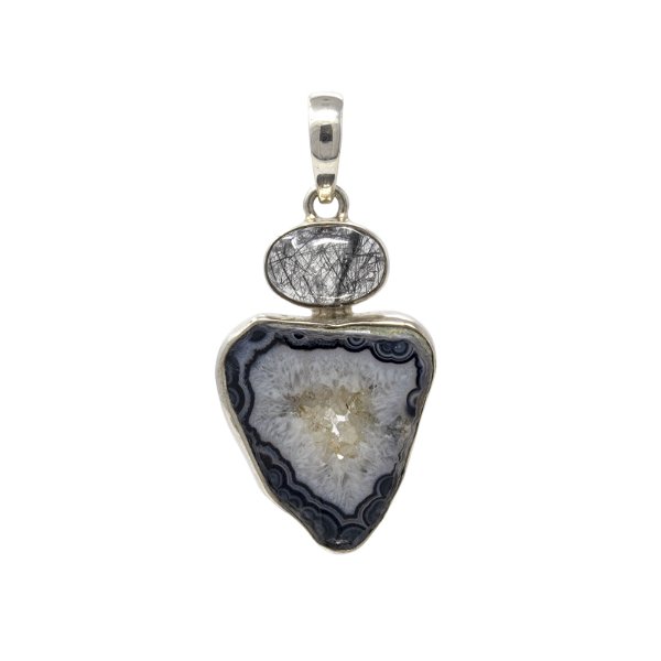 Closeup photo of Black With White & Gray Agate Geode Pendant With Black Tourmalated Quartz Oval On Top