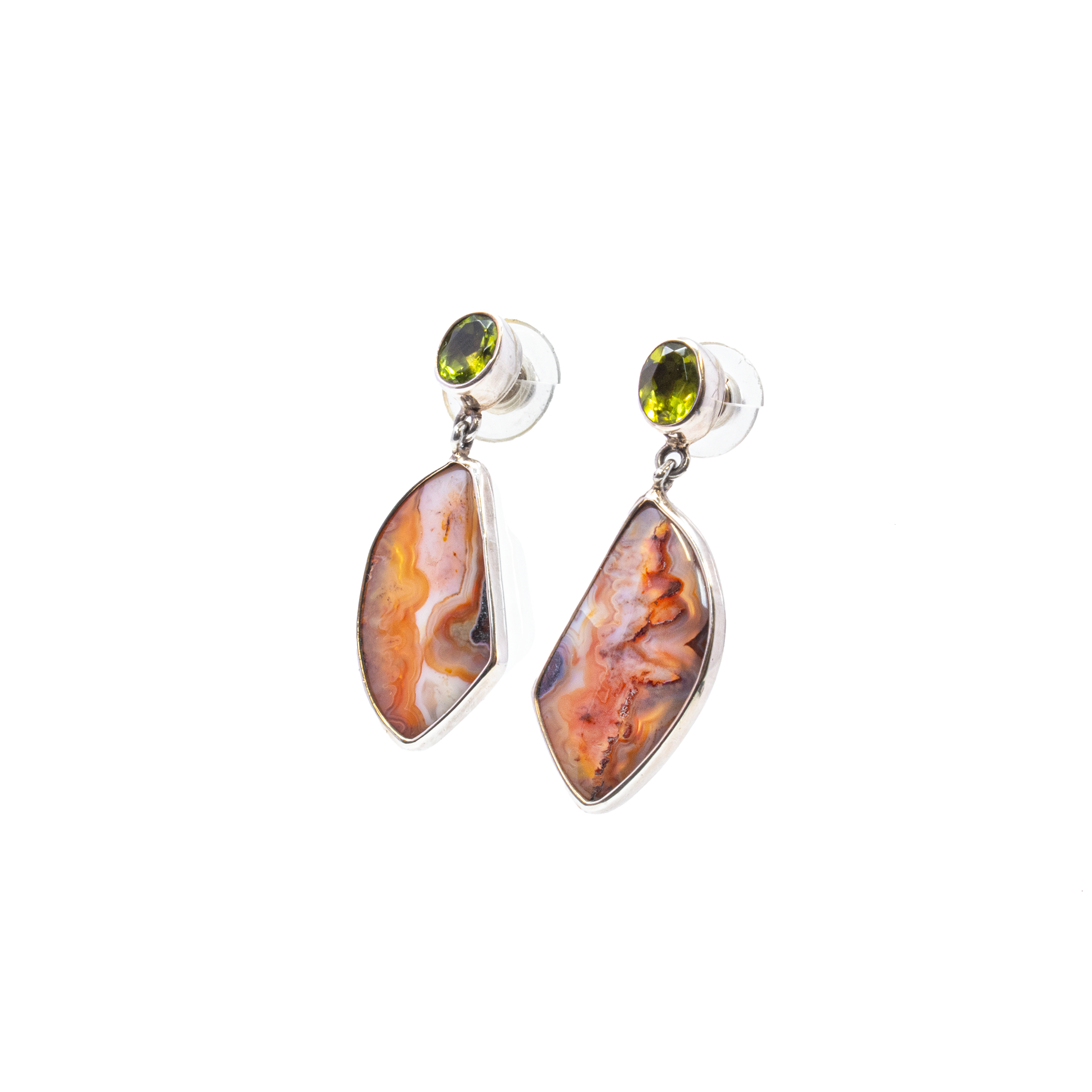 Crazy Lace Agate Earrings On Post With Oval Peridot Stud - Dark Orange & Pastel Purple