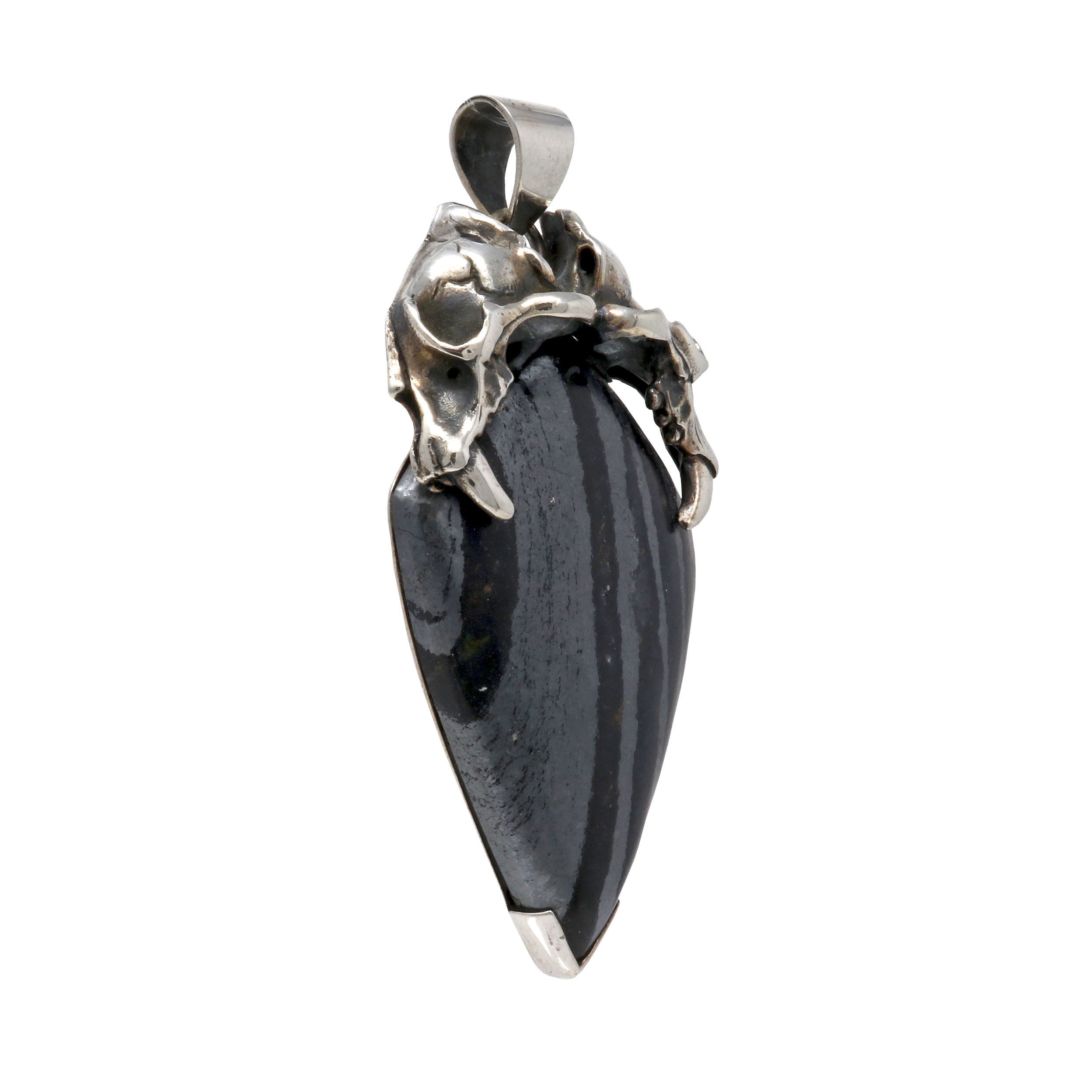 Hematite Pendant -Banded With Saber Tooth Skull Bail