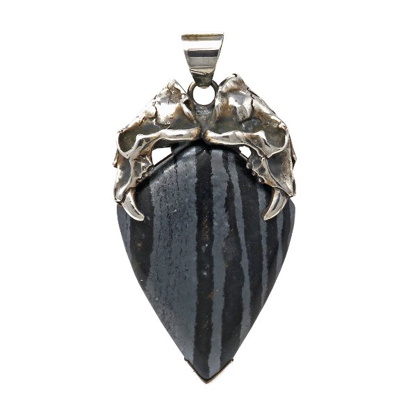 Closeup photo of Hematite Pendant -Banded With Saber Tooth Skull Bail