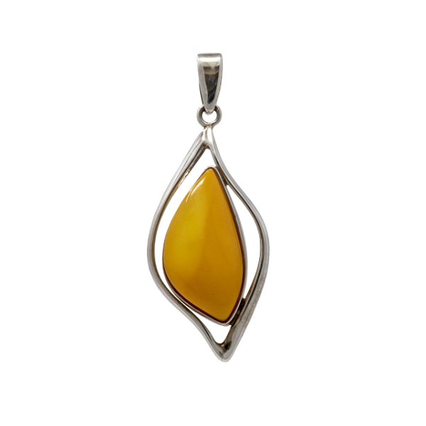 Closeup photo of Butterscotch Amber Freeform Pendant With Open Silver Wrap Face