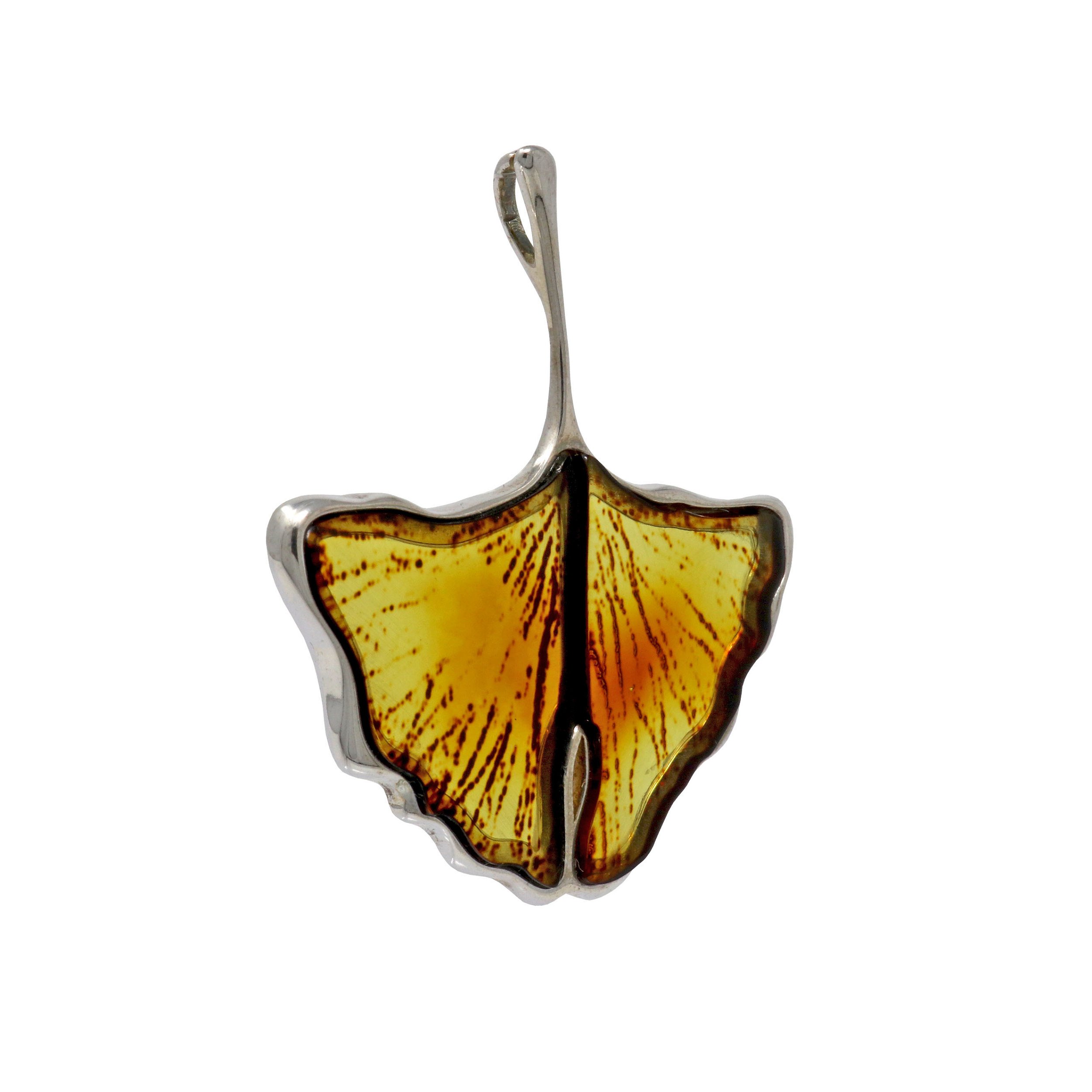 Carved Amber Fan-shaped Leaf Pendant - Cognac & Honey