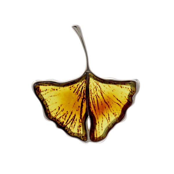 Closeup photo of Carved Amber Fan-shaped Leaf Pendant - Cognac & Honey
