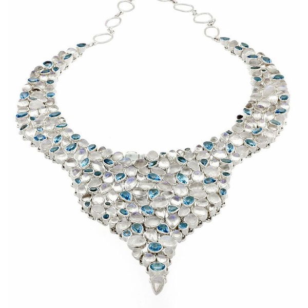 Closeup photo of Rainbow Moonstone Necklace Set With Blue Topaz Drops