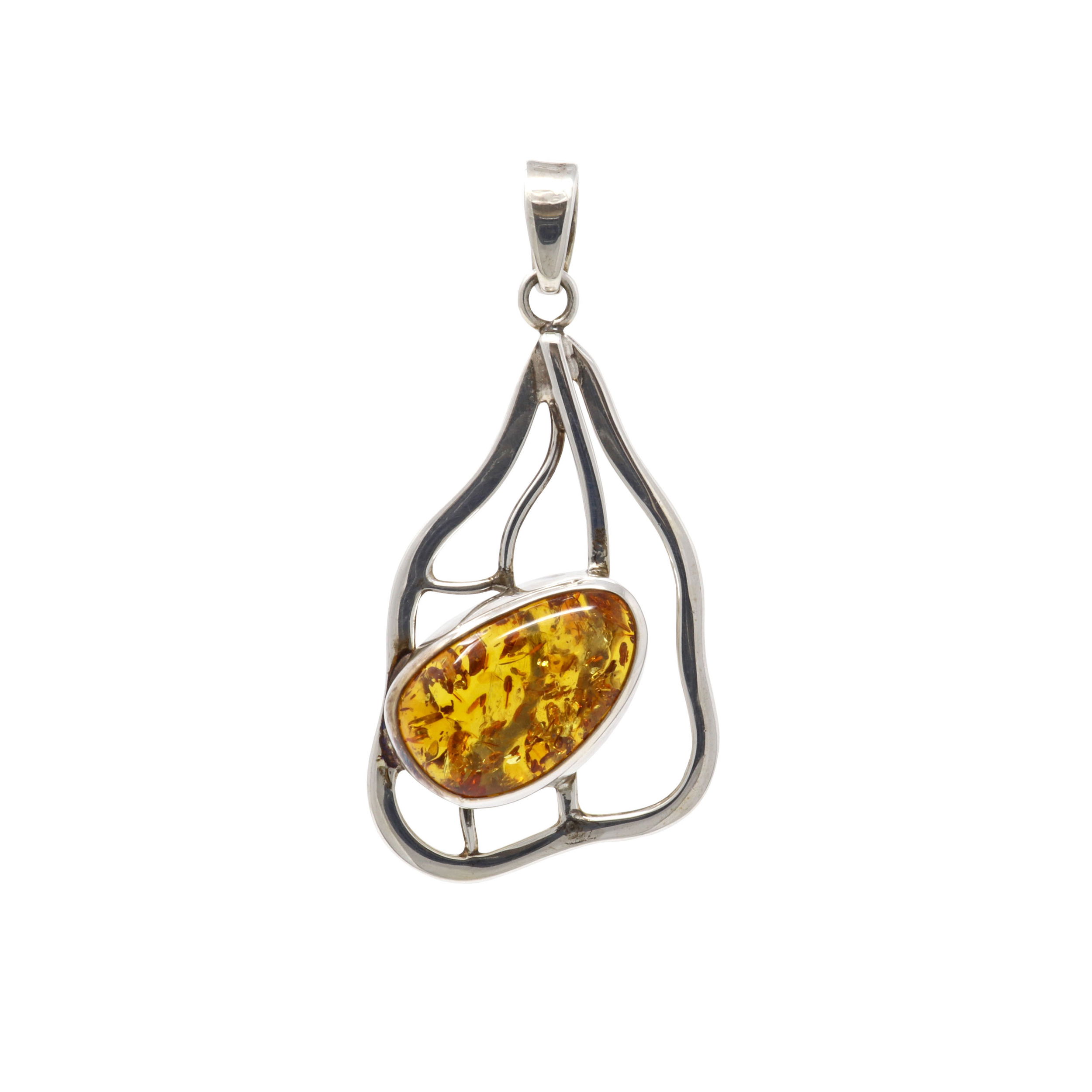 Cognac Amber Pendant -Freeform On Open Geometric Silver Bezel