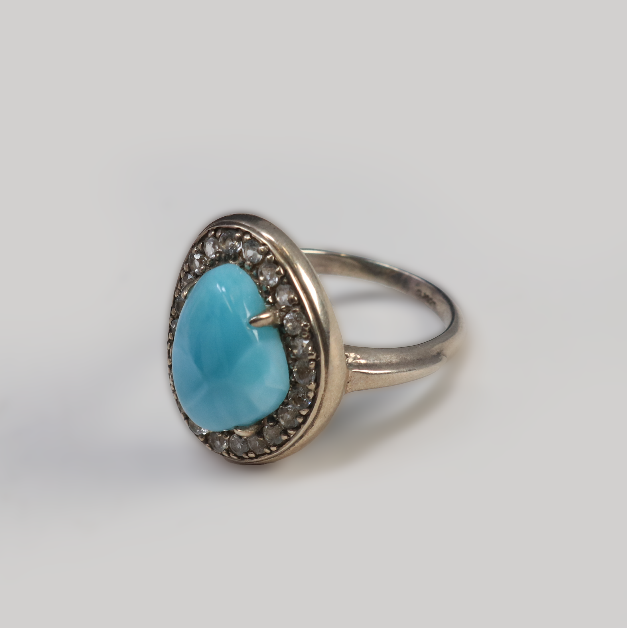 Larimar Ring - Freeform Prong Set Cabochon With White Topaz Bezel Sz10