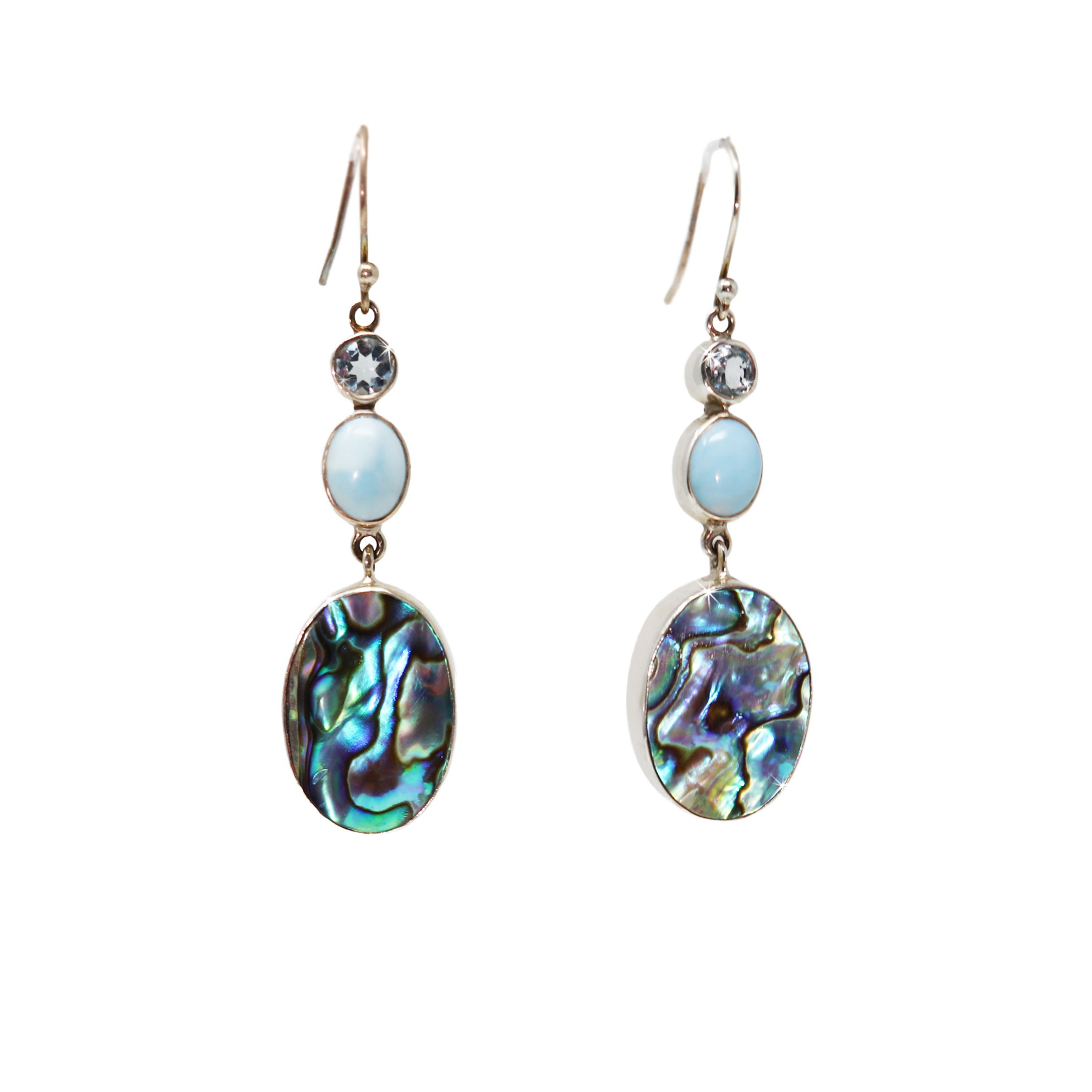 Abalone Shell Dangle Earrings with Larimar & Blue Topaz