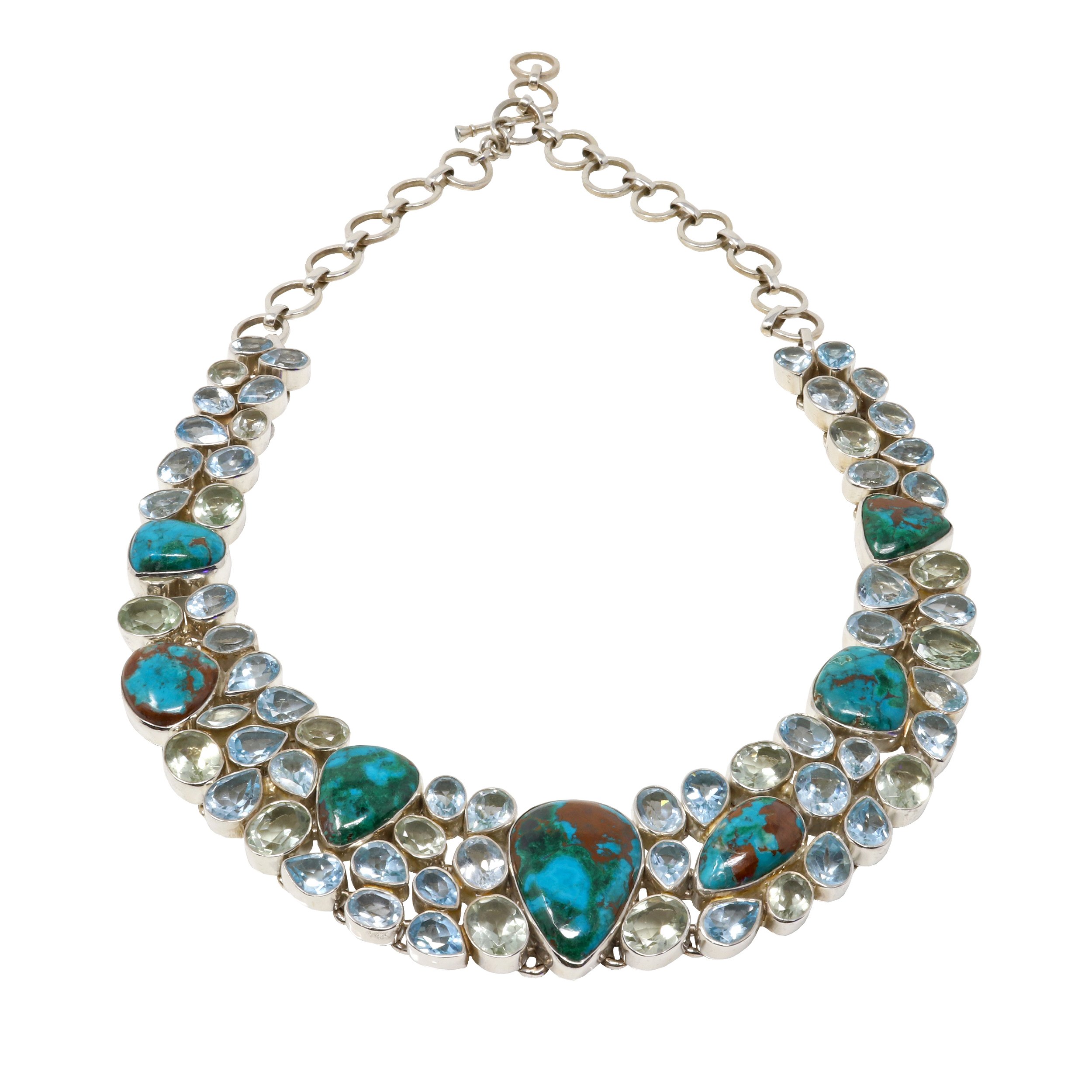 Chrysocolla Malachite & Cuprite Necklace Collar With Blue Topaz & Prasiolite