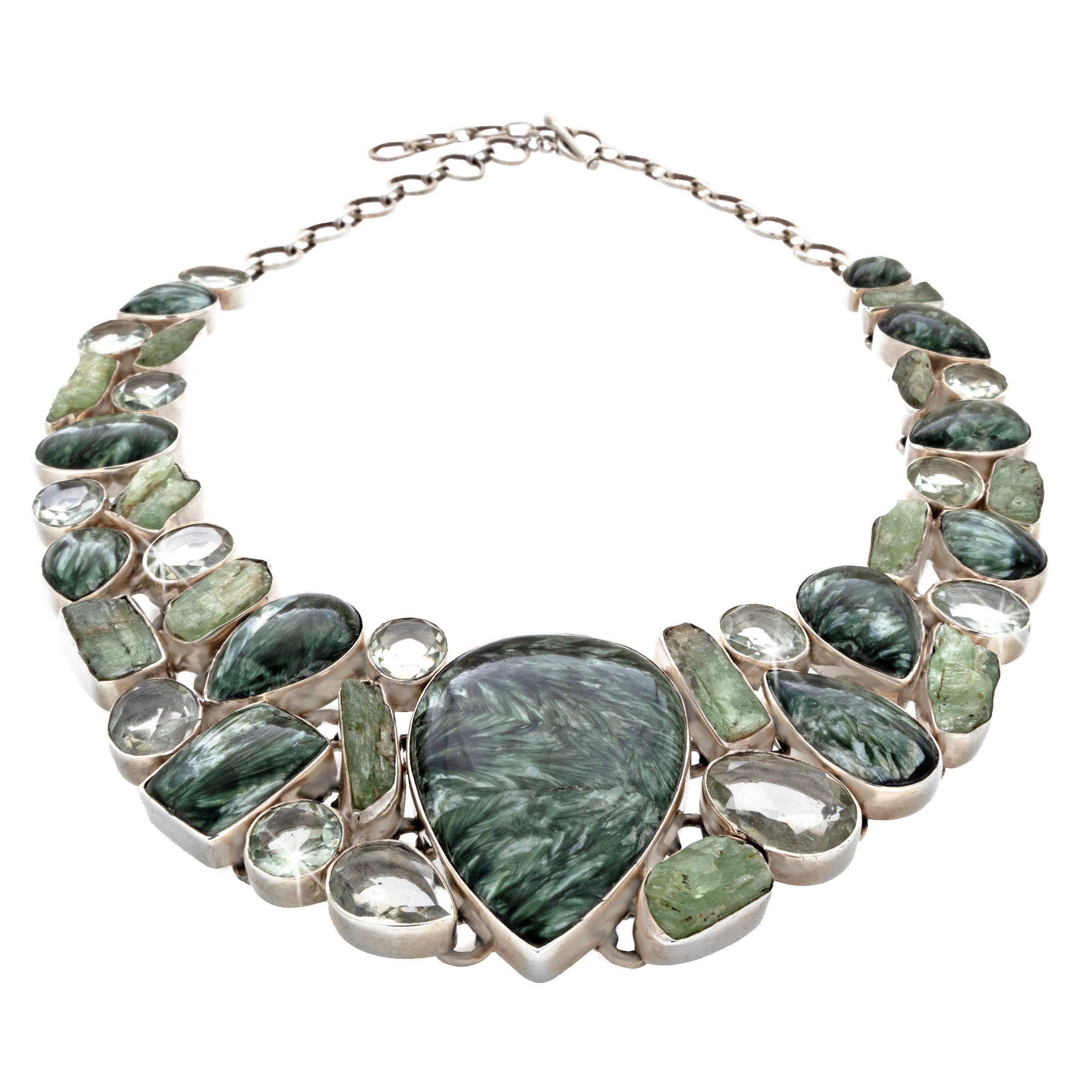 Seraphinite Necklace Collar -Reverse Pear With Green Kyanite & Prasiolite