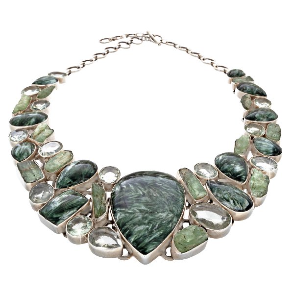 Closeup photo of Seraphinite Necklace Collar -Reverse Pear With Green Kyanite & Prasiolite