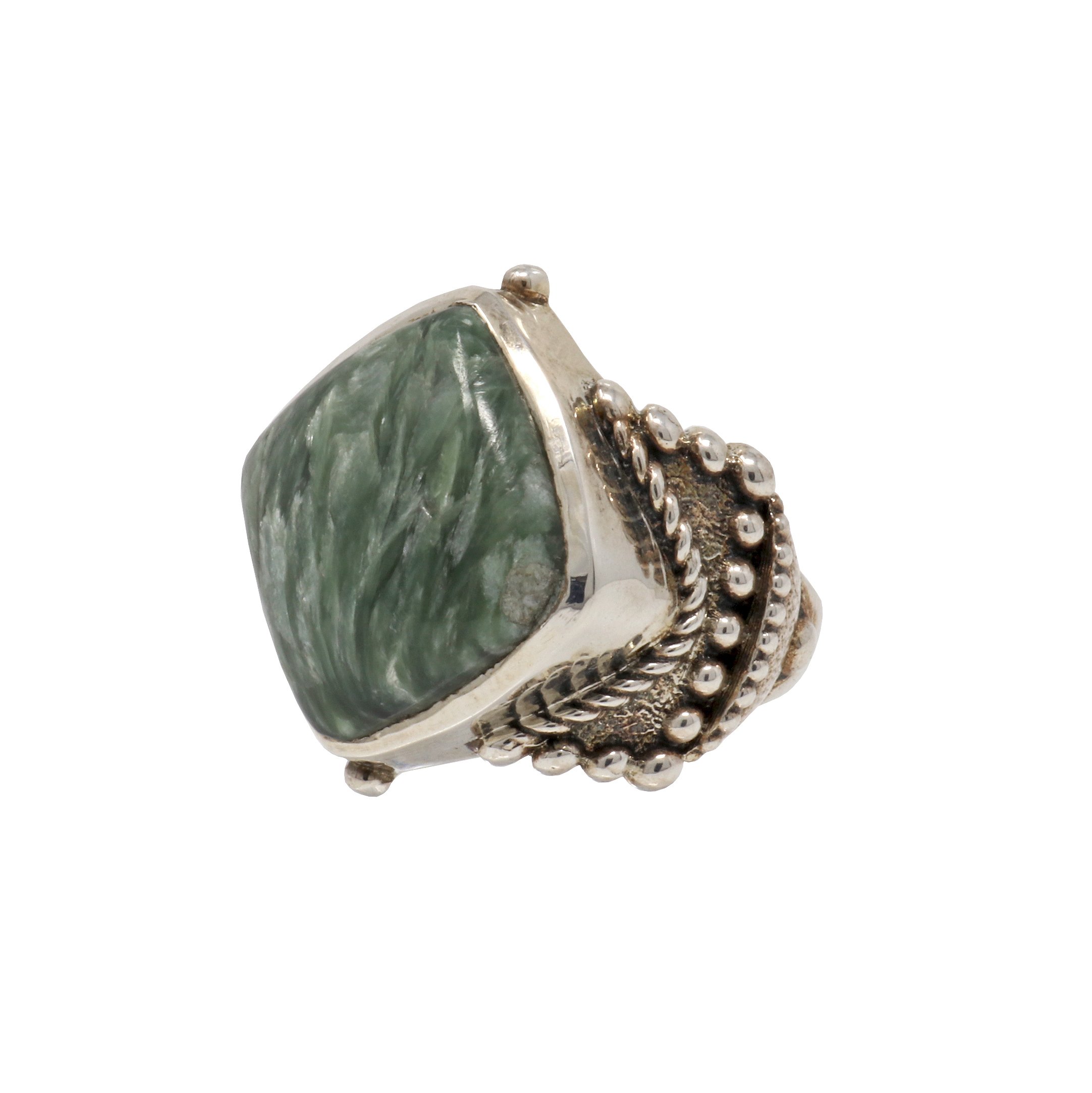 Seraphinite Ring Size 6 -Diamond Set Square Cabochon With Silver Bead & Roping Detailed Band Top