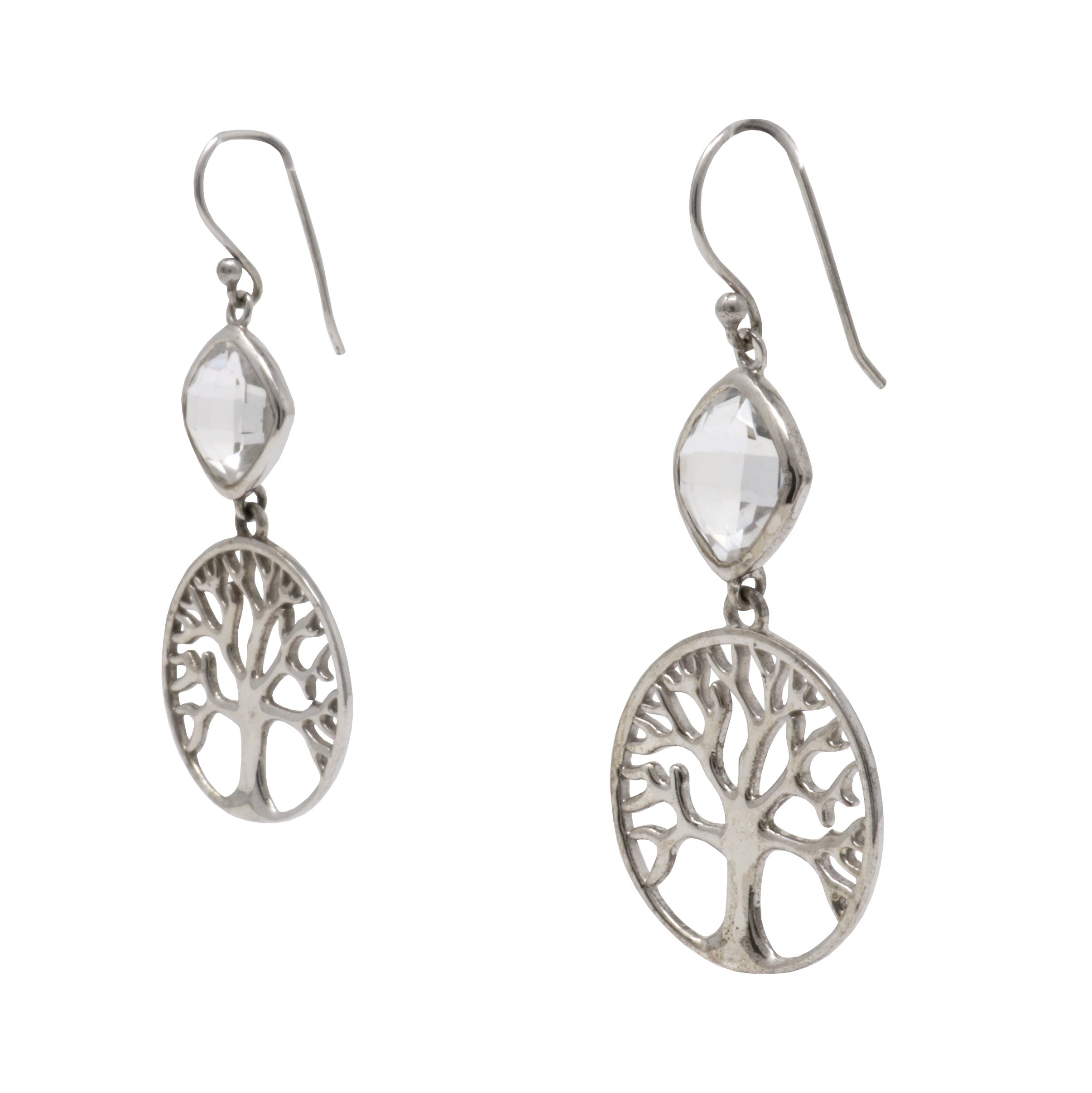 Quartz Dangle Earrings With Silver Tree Of Life & Faceted Diamond Set Square