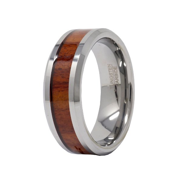 Closeup photo of Tungsten Ring Size 11.5 - 8mm High Polished With Mahogany Wood Center