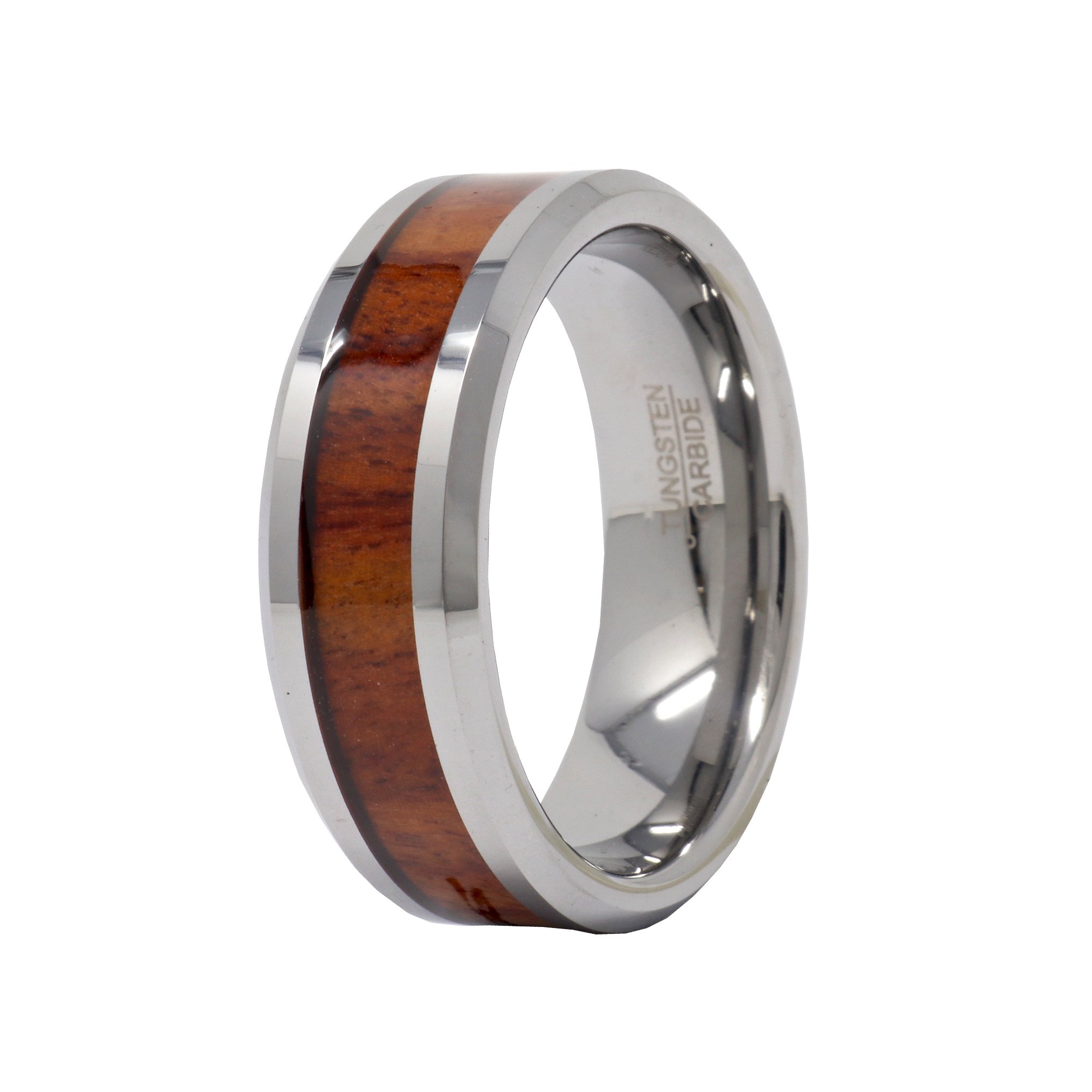 Tungsten Ring Size 8.5 - 8mm High Polished With Mahogany Wood Center