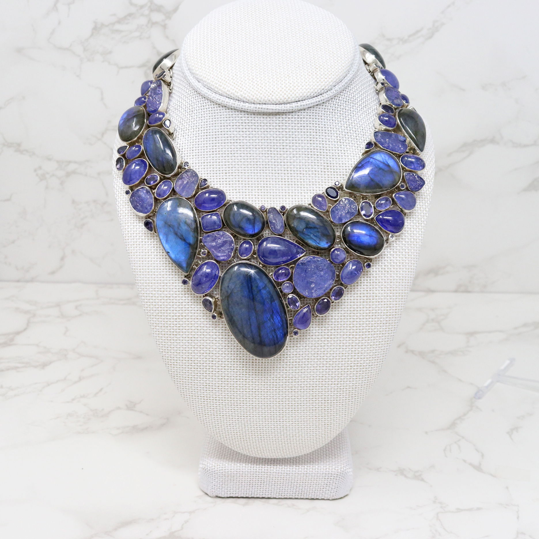 Labradorite & Tanzanite Necklace Set with Earrings - Rough & Polished Tanzanite