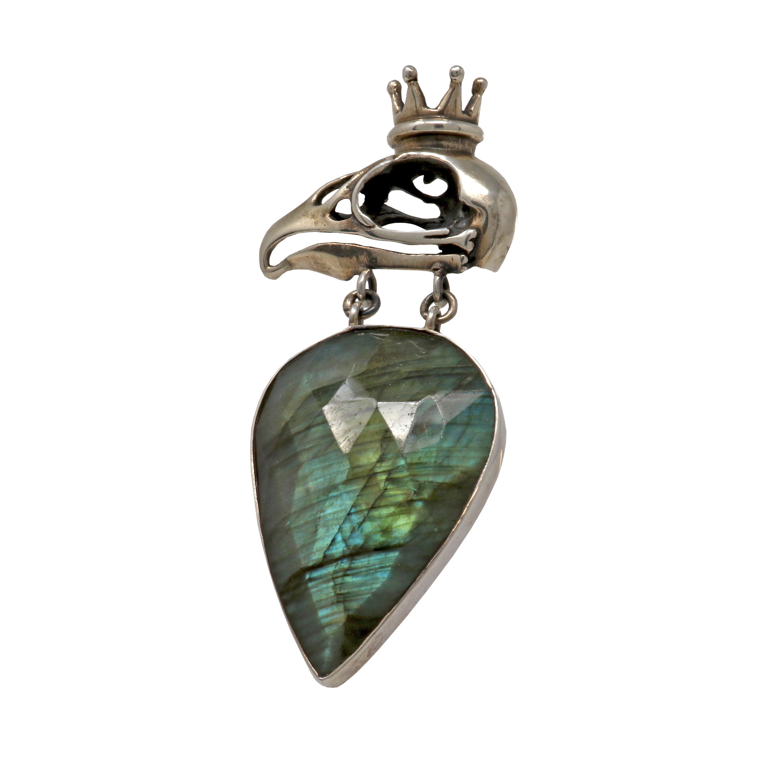 Labradorite Pendant - Faceted Reverse Pear with Vulture Skull