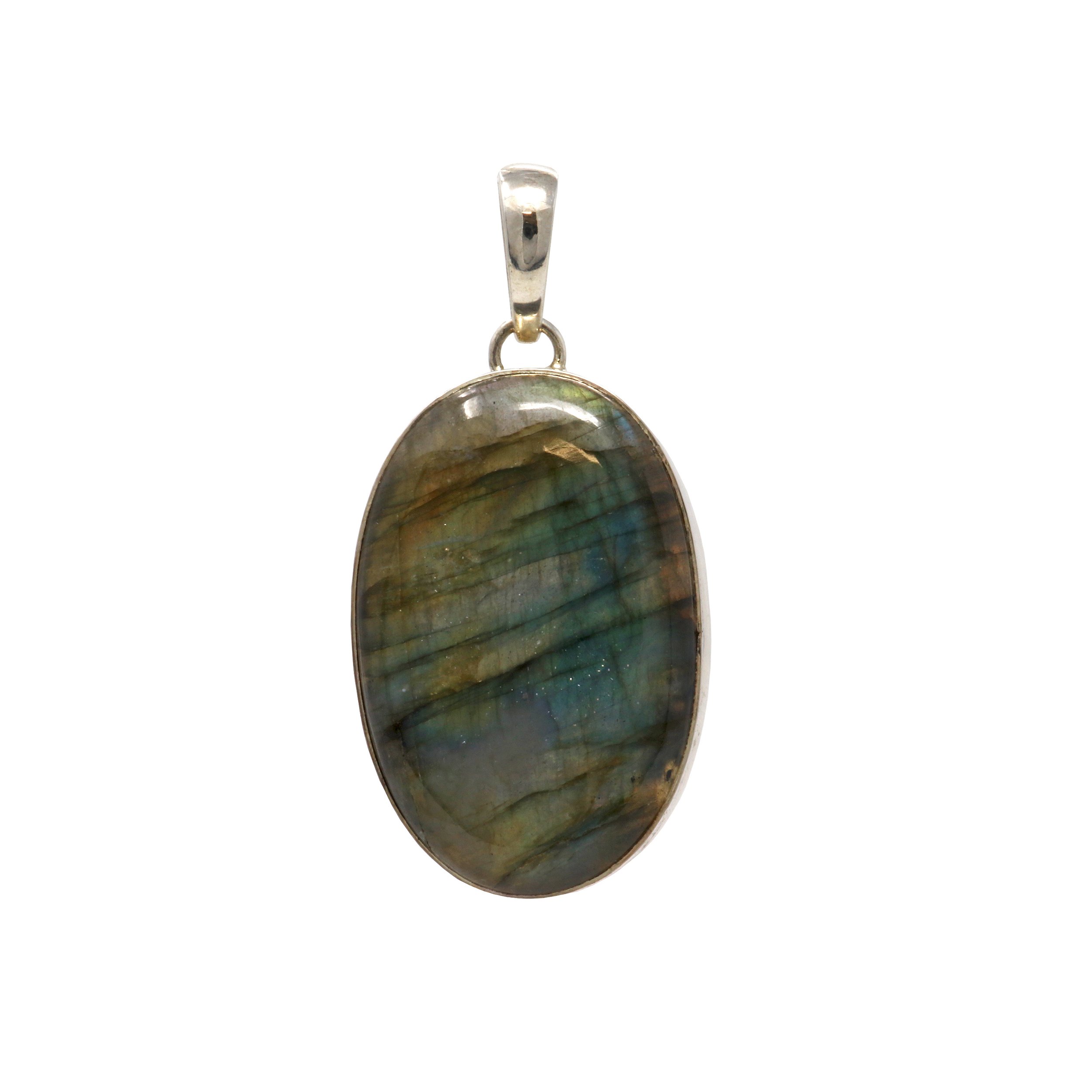 Labradorite Pendant -Oval Cabochon With Yellow & Teal Shift With Light Gray Cloudy Inclusion