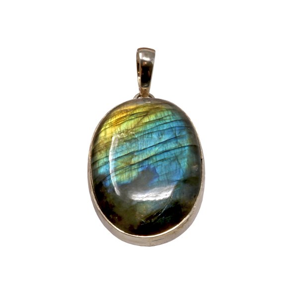 Closeup photo of Labradorite Pendant -Oval Cabochon With Yellow & Teal Shift With Light Gray Cloudy Inclusion