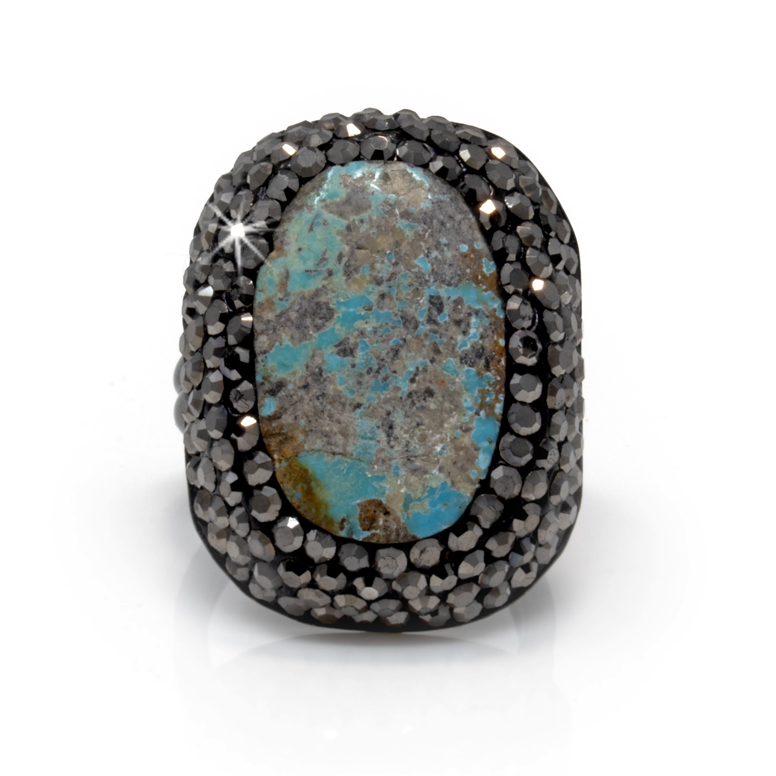 Persian Turquoise Ring -Oval With Marcasite & Adjustable Double Band -Classic Blue With Lavender