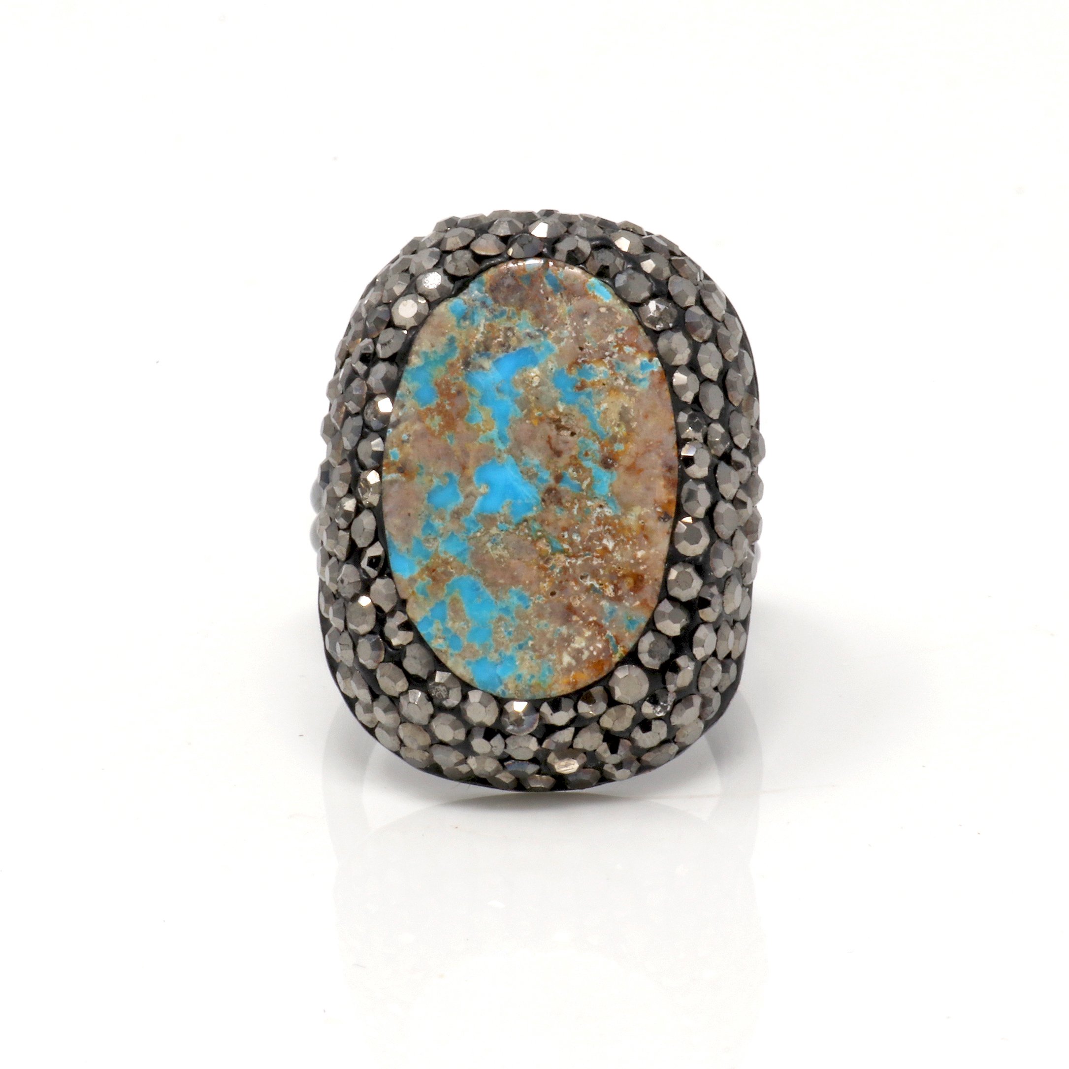 Persian Turquoise Adjustable Size Ring -Oval With Marcasite & Adjustable Double Band -Classic Blue With Beige