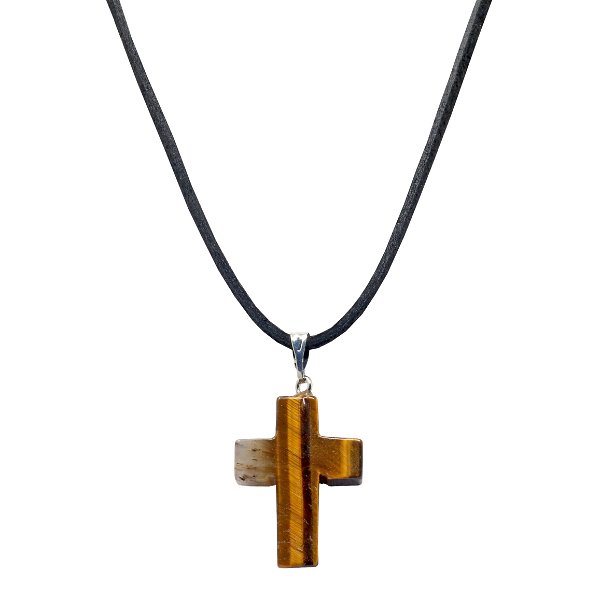 Closeup photo of Tigers Eye Cross Pendant On Cord Necklace
