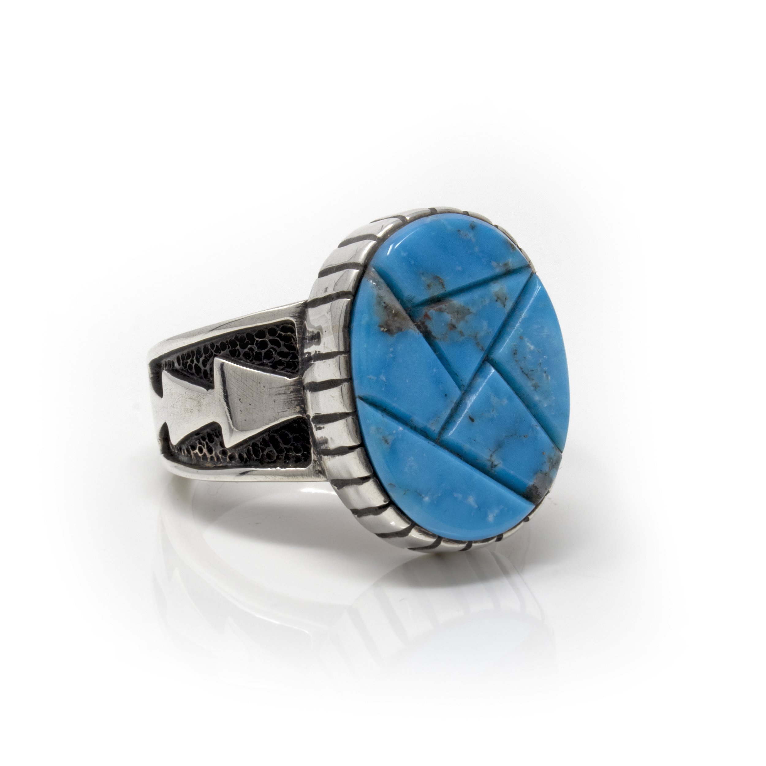 Kingman Az Turquoise Popcorn Inlay Ring Size 11 -Oval With Deep Edge And Oxidized Arrows On Band