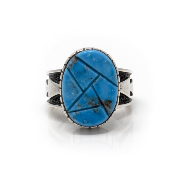 Closeup photo of Kingman Az Turquoise Popcorn Inlay Ring Size 11 -Oval With Deep Edge And Oxidized Arrows On Band